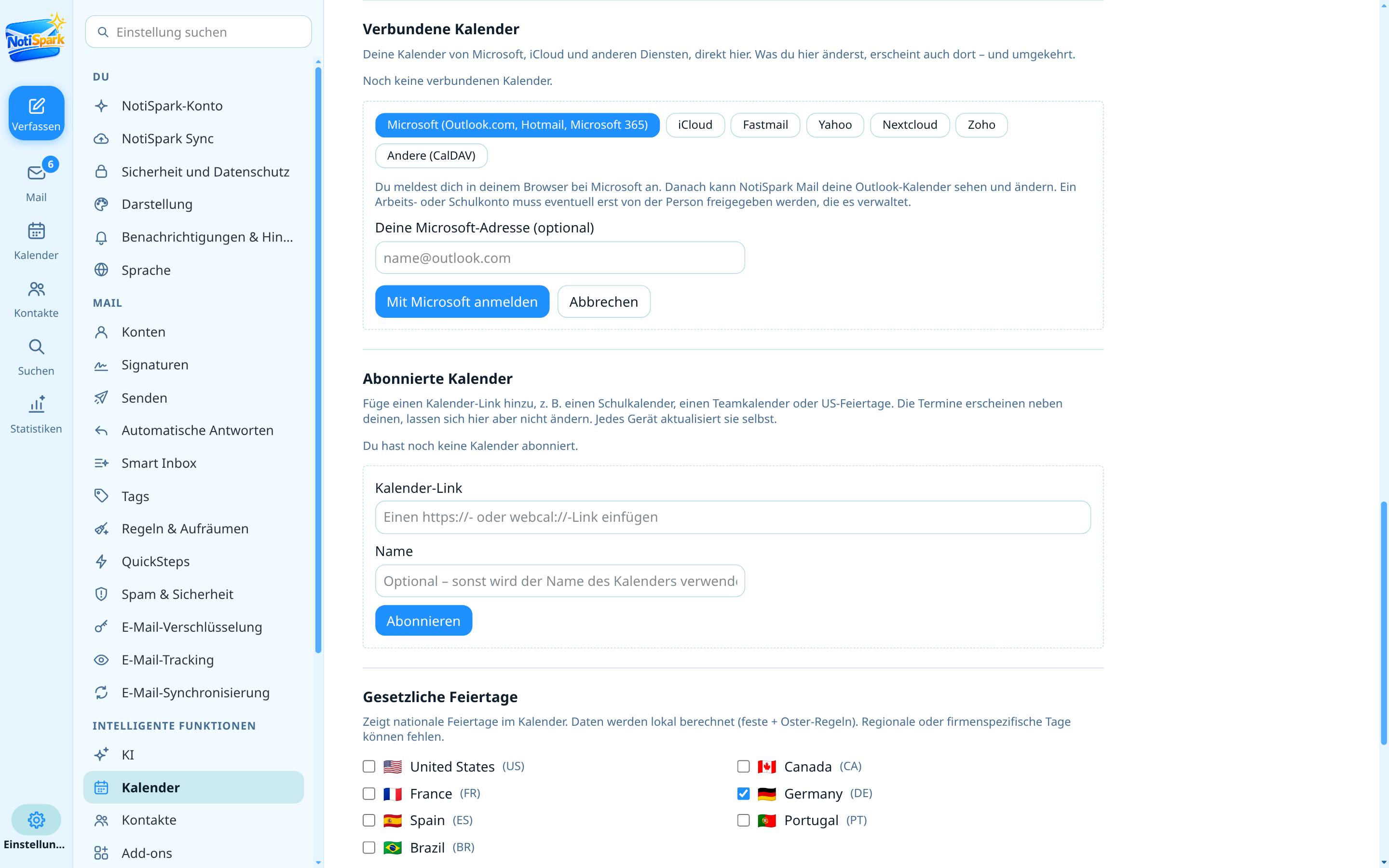 Einen Outlook.com- oder iCloud-Kalender in den NotiSpark-Einstellungen verbinden