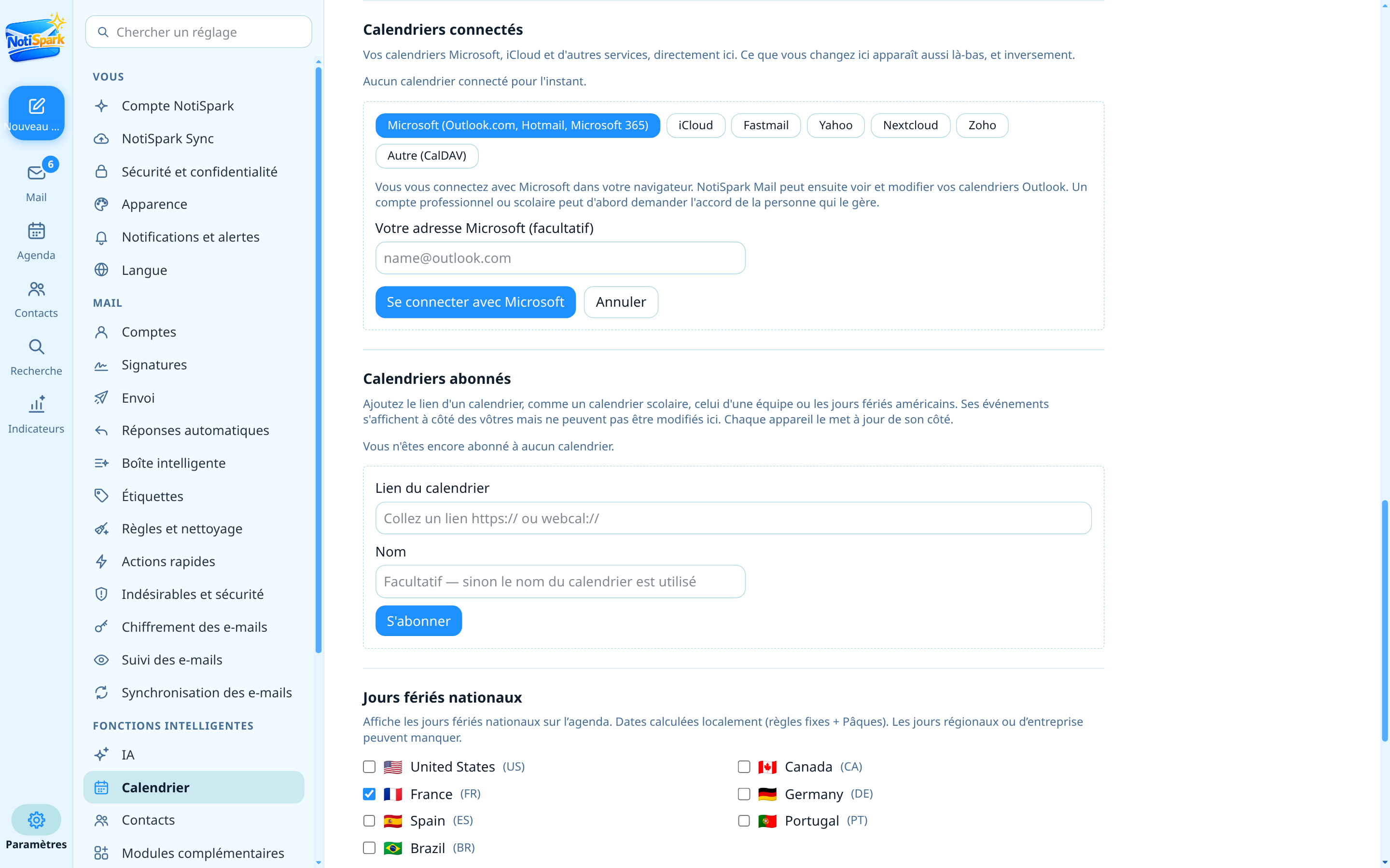 Connexion d’un agenda Outlook.com ou iCloud dans les réglages de NotiSpark