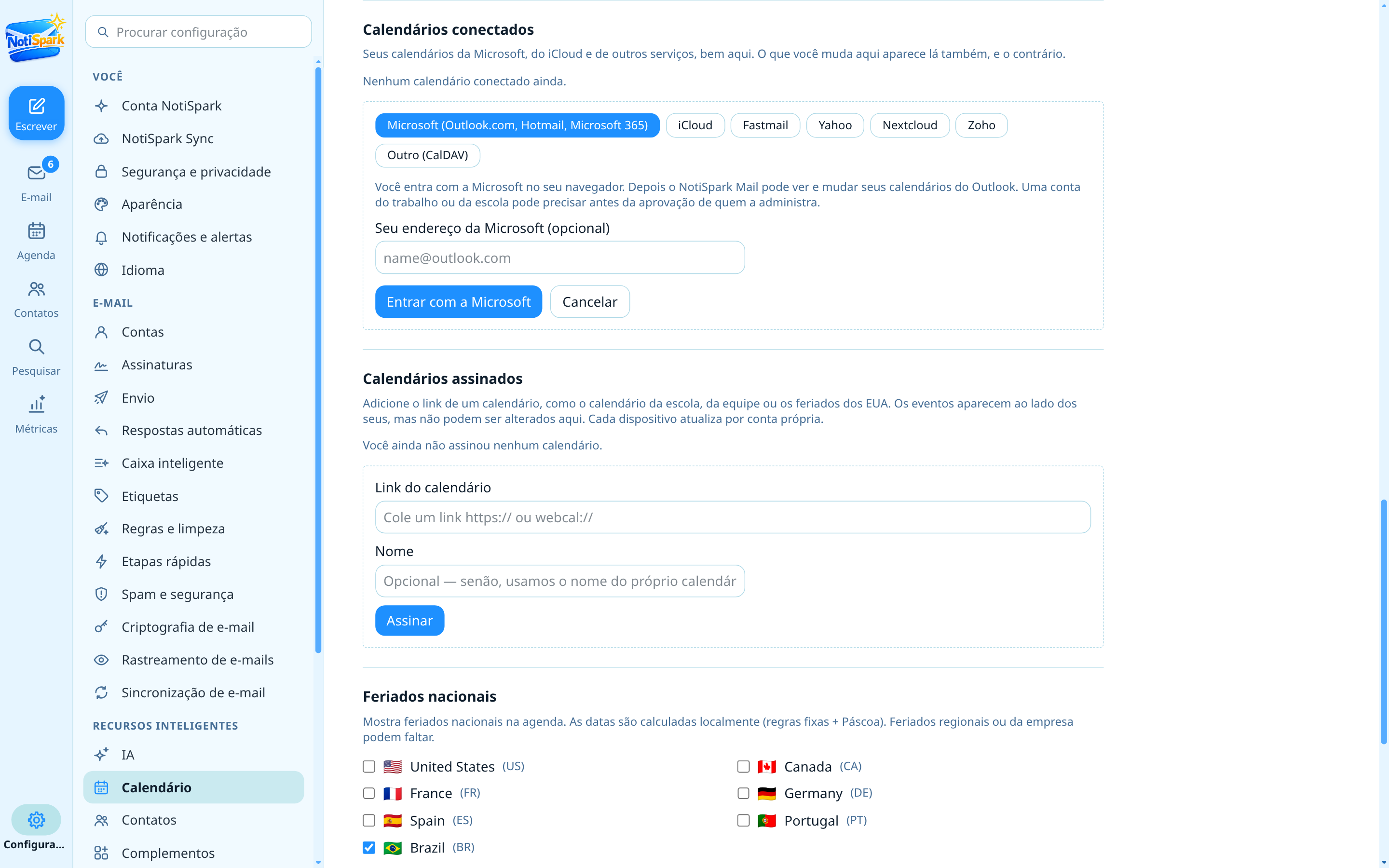 Conectando uma agenda do Outlook.com ou do iCloud nas configurações do NotiSpark