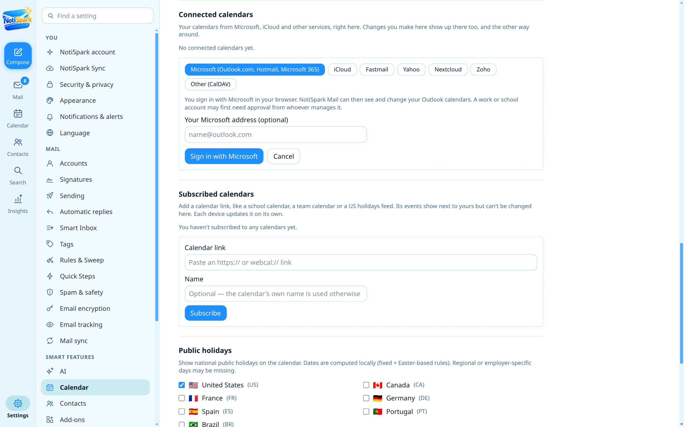 Connecting an Outlook.com or iCloud calendar in NotiSpark settings