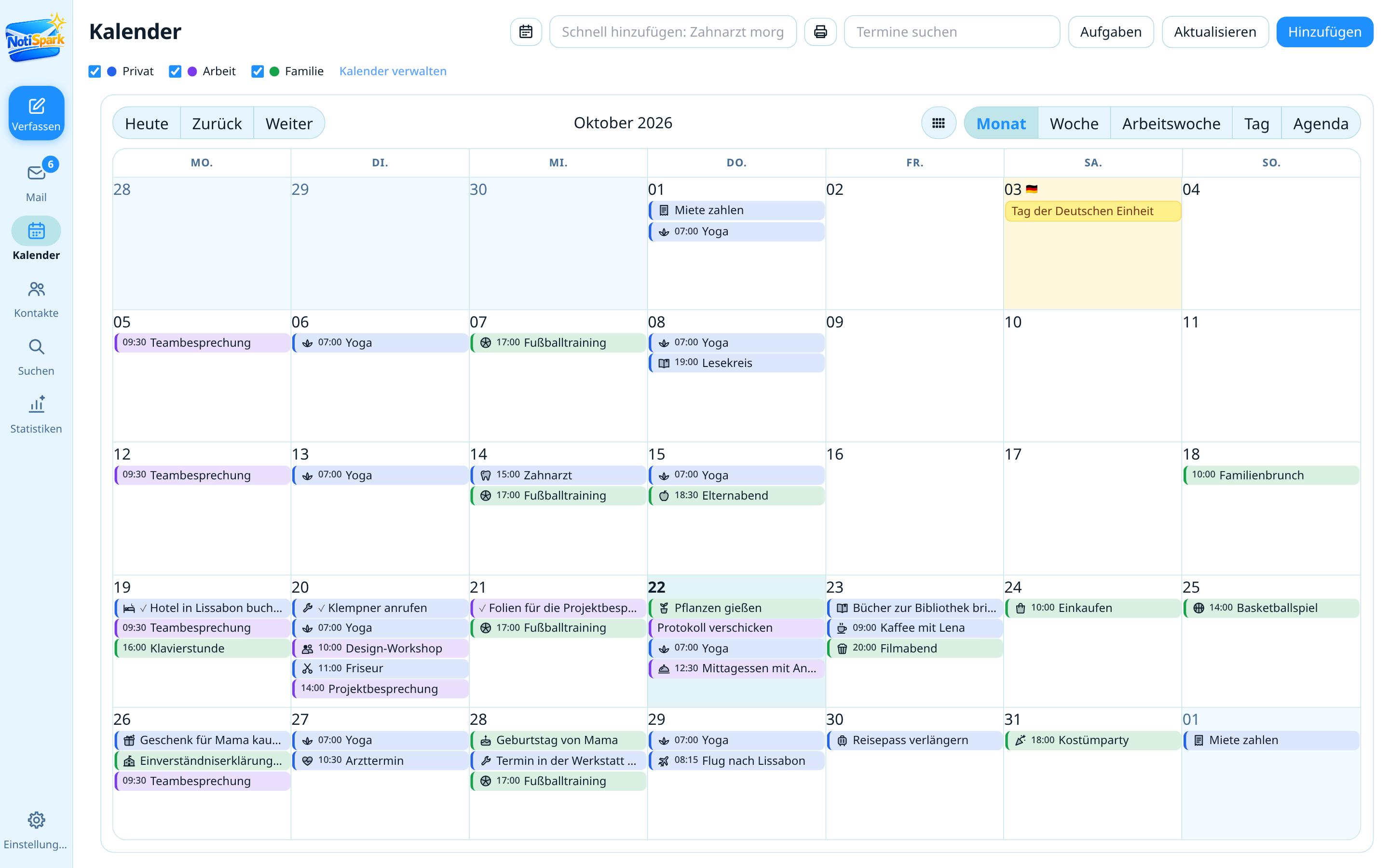 NotiSpark-Kalender in der Monatsansicht mit bunten Terminen und Symbolen