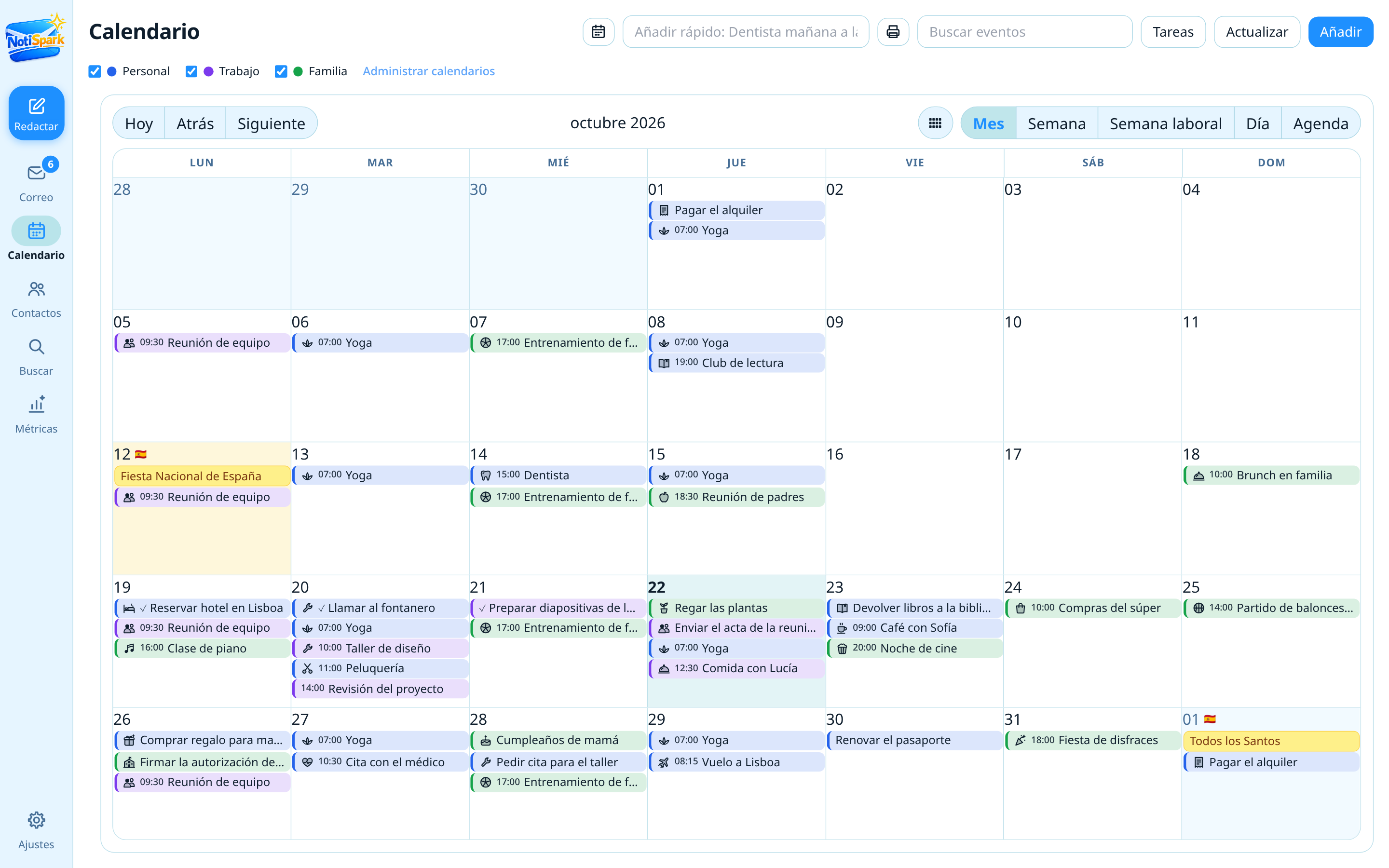 Calendario de NotiSpark en vista mensual con eventos de colores e iconos