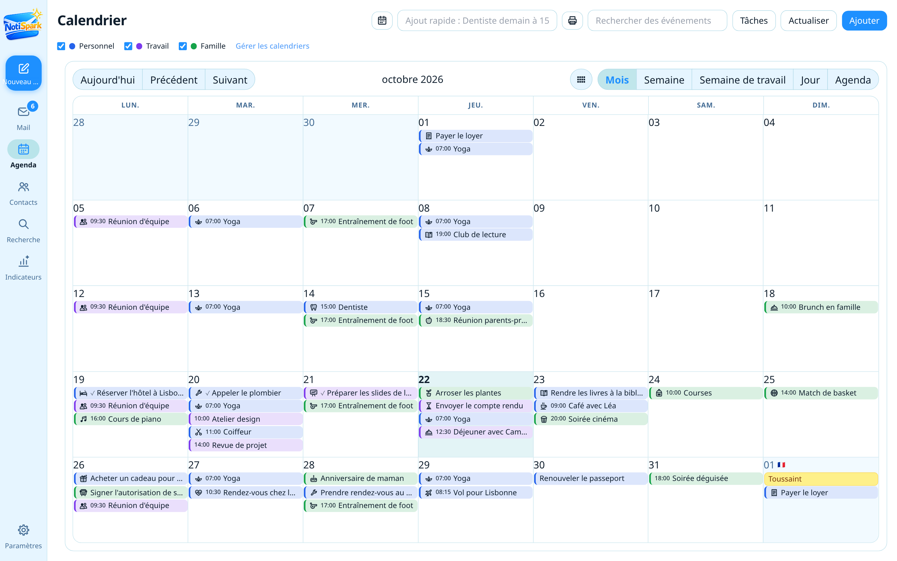 Agenda NotiSpark en vue mois avec des événements colorés et des icônes