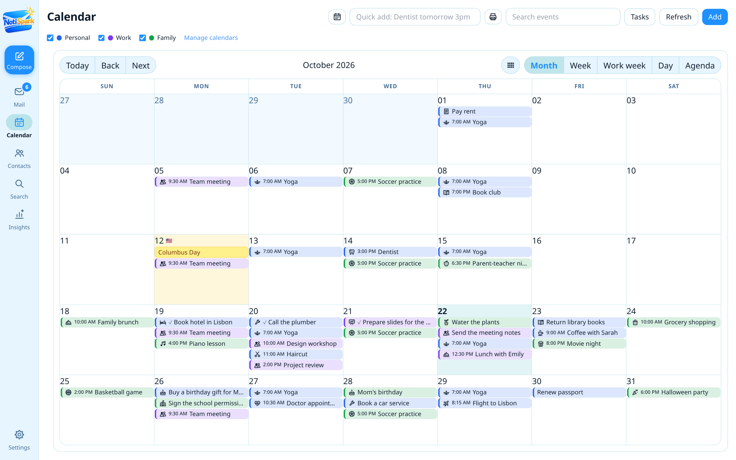 NotiSpark calendar month view with colorful events and icons