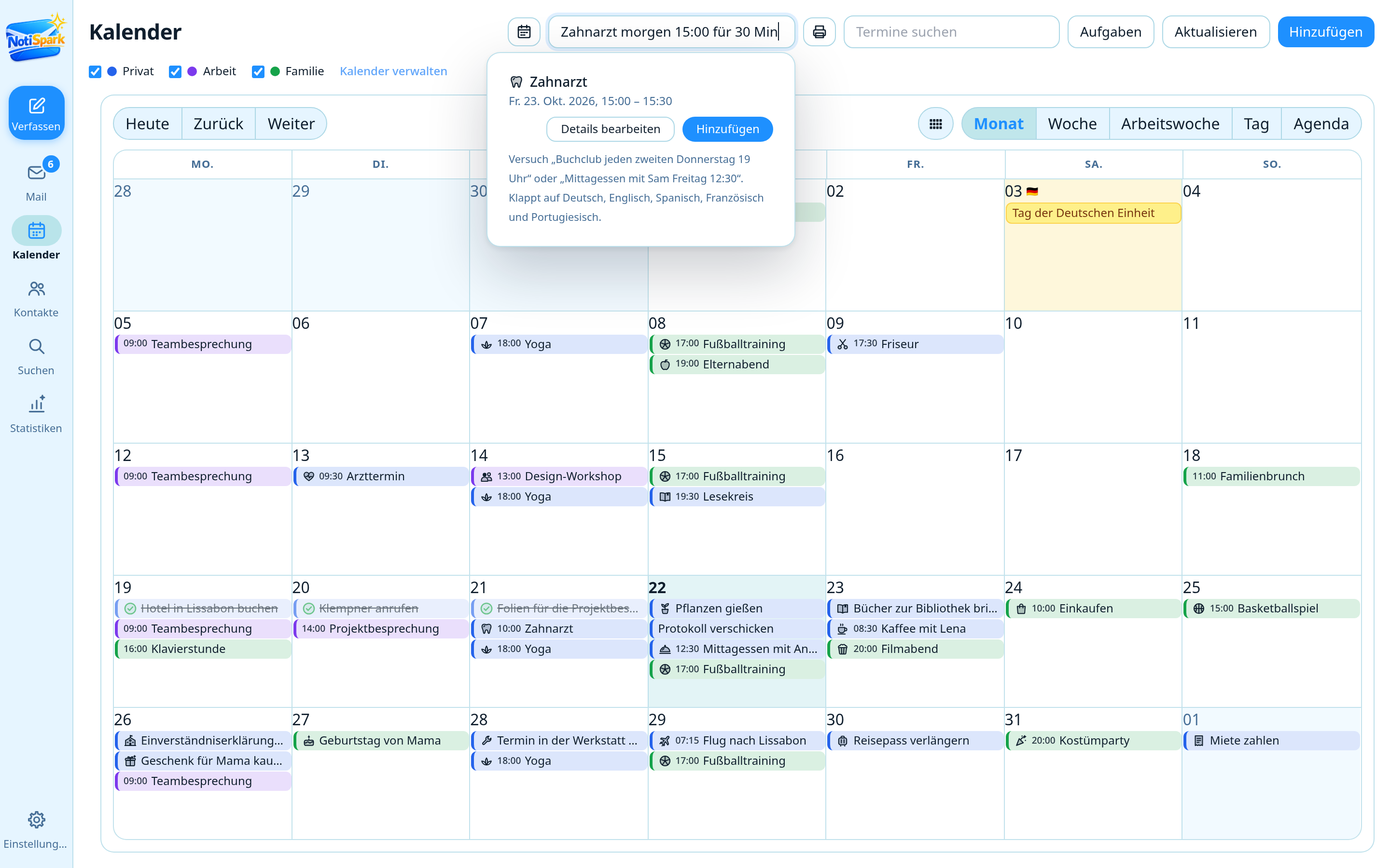 Einen Termin im NotiSpark-Kalender hinzufügen, indem man einen Satz eintippt