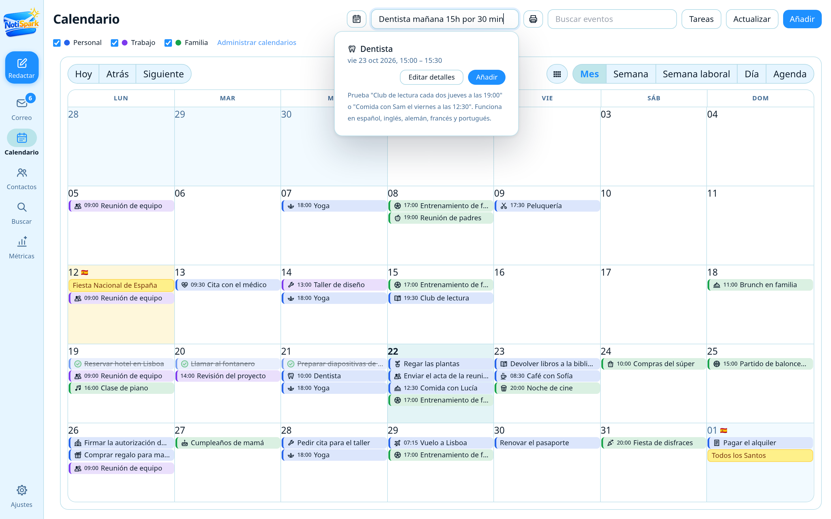 Añadir un evento escribiendo una frase en el calendario de NotiSpark