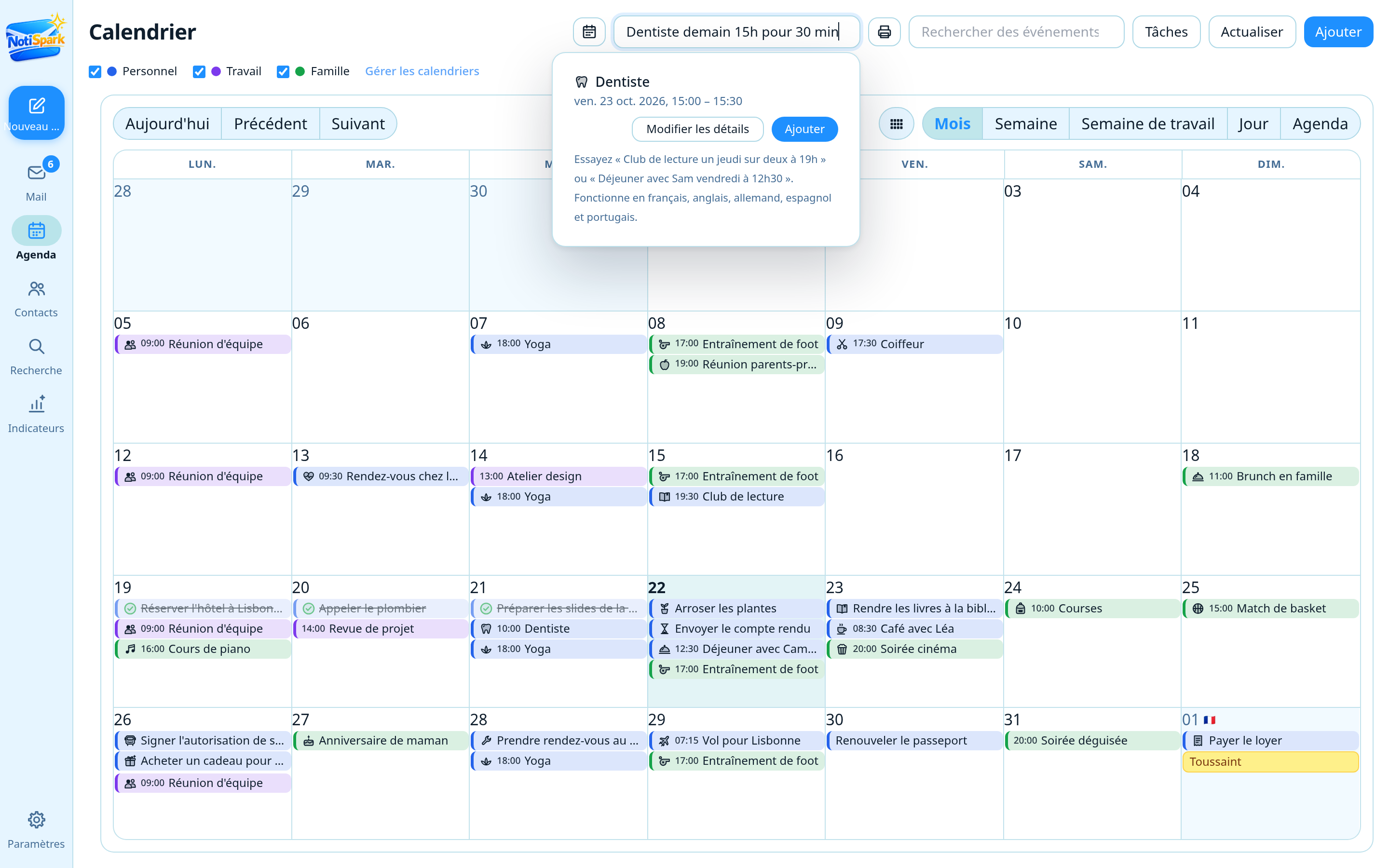 Ajout d’un événement en tapant une phrase dans l’agenda NotiSpark