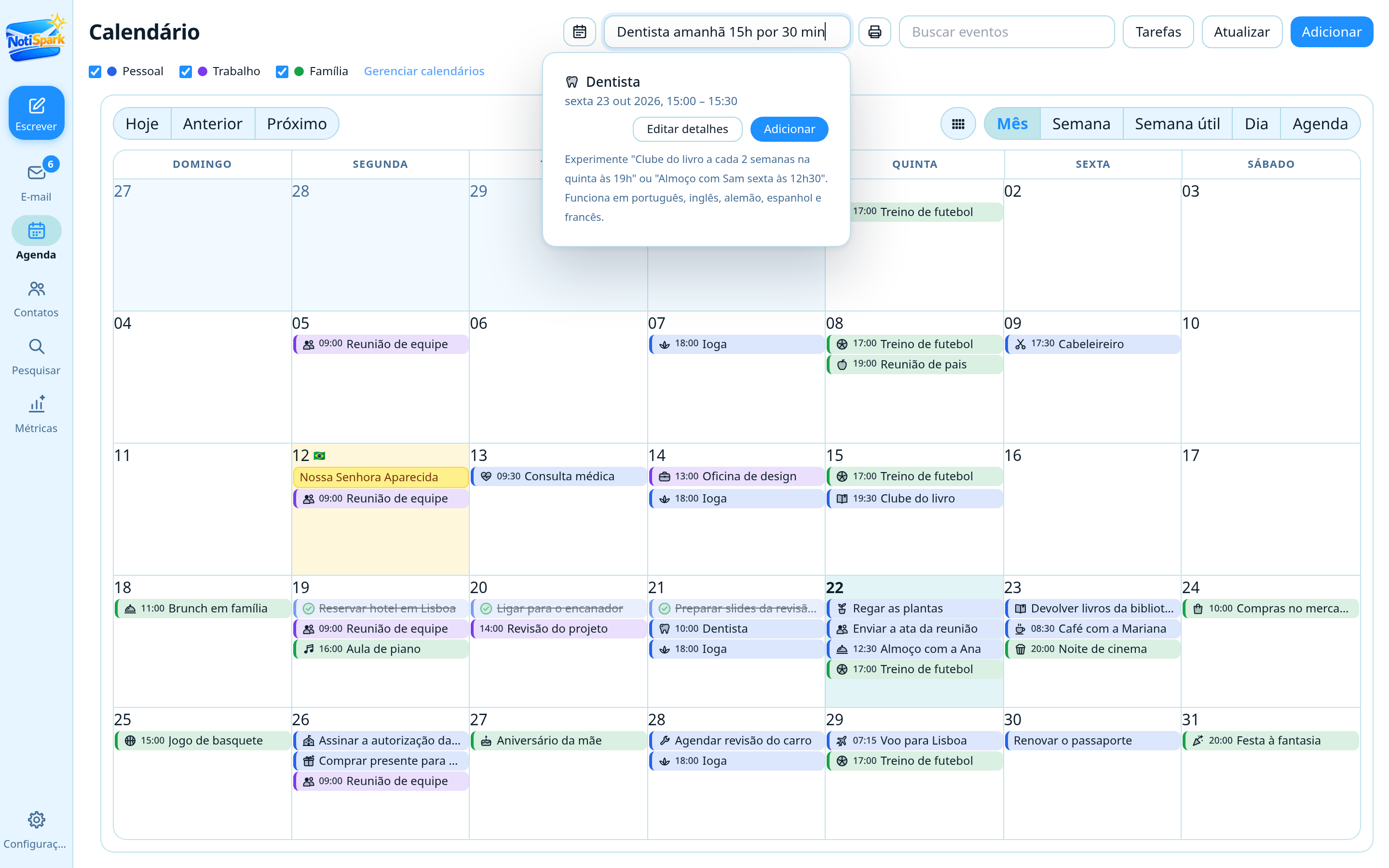Adicionando um evento ao calendário do NotiSpark escrevendo uma frase