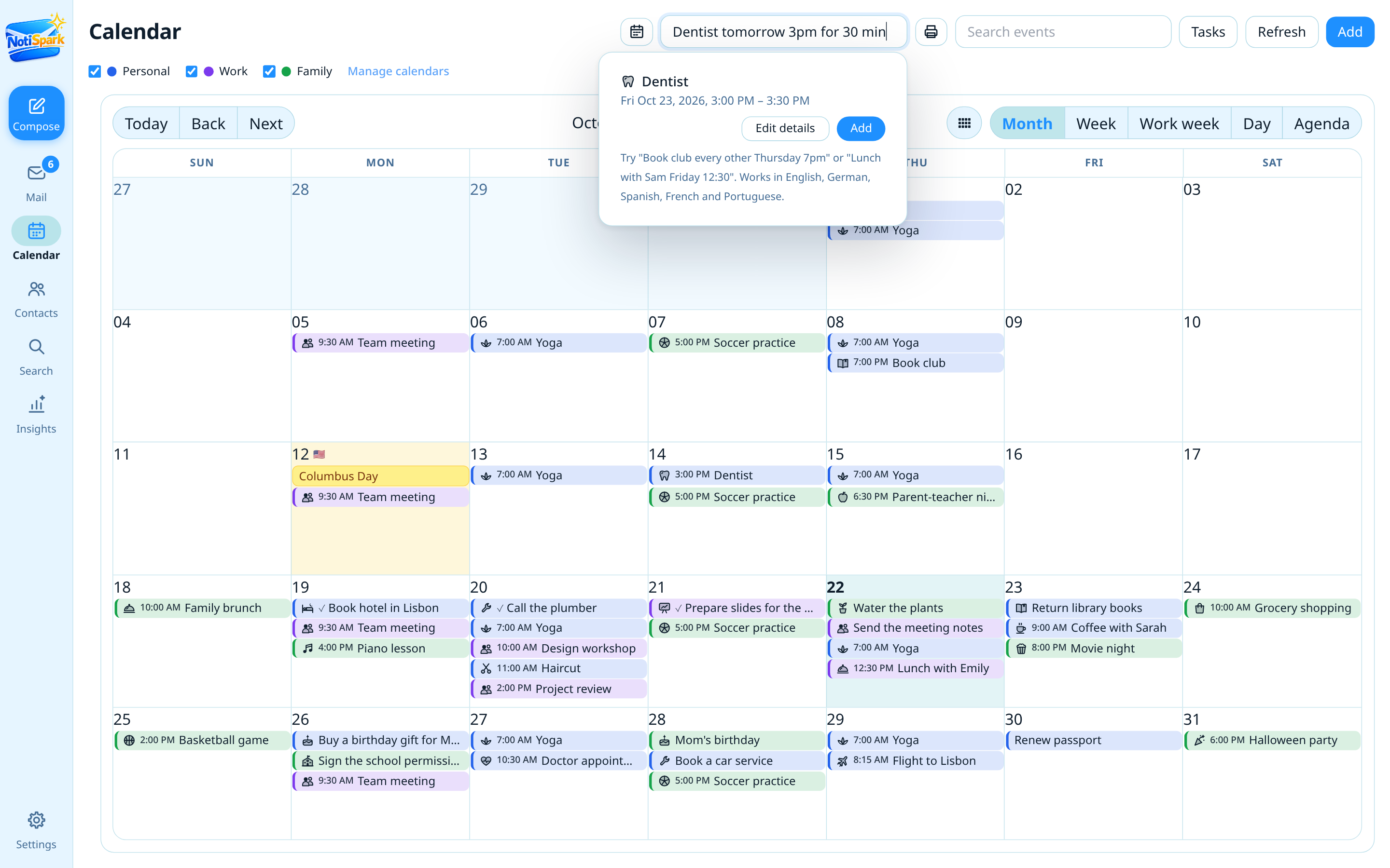 Adding an event by typing a sentence in the NotiSpark calendar