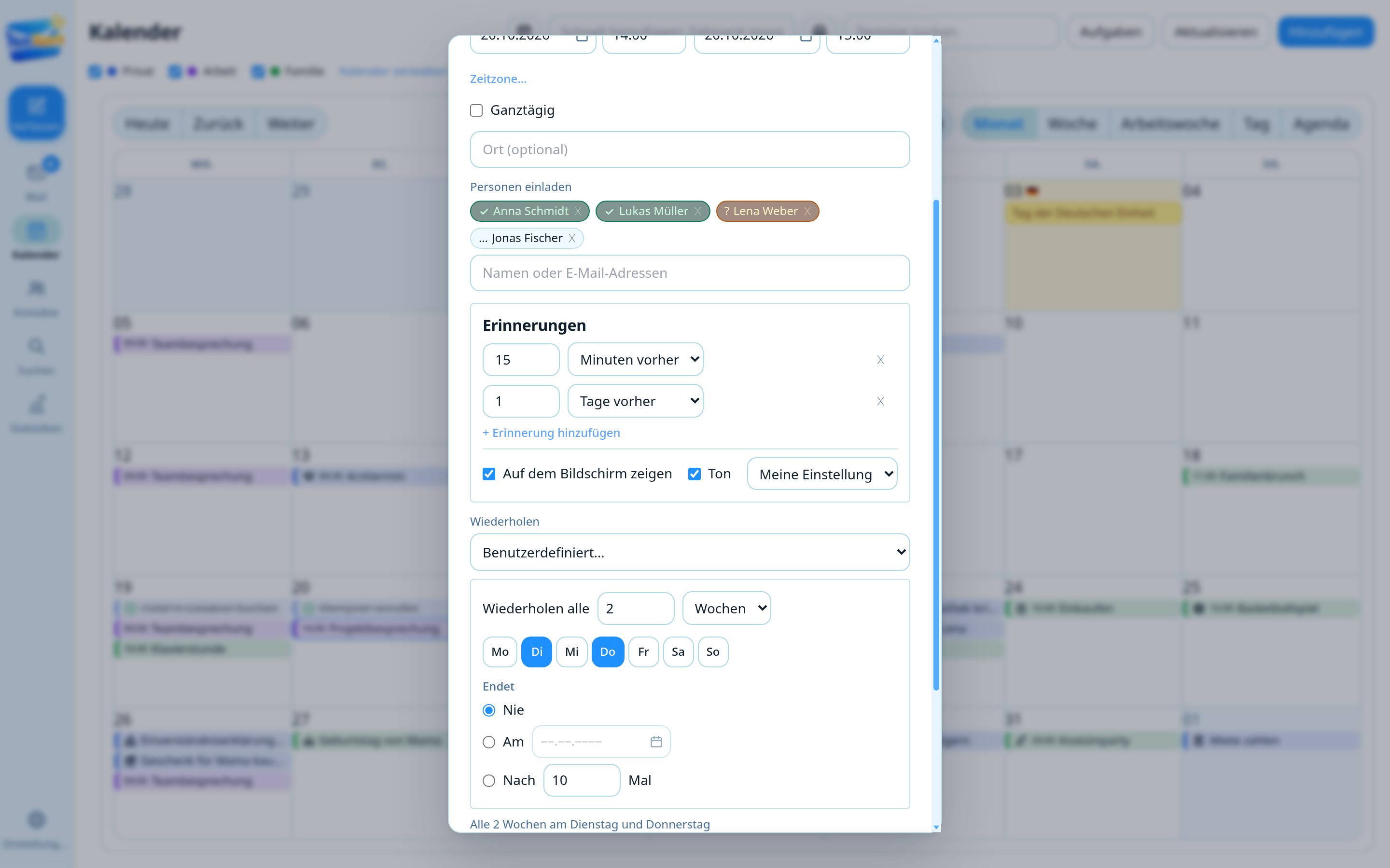 NotiSpark-Terminformular mit einer Wiederholungsregel und mehreren Erinnerungen