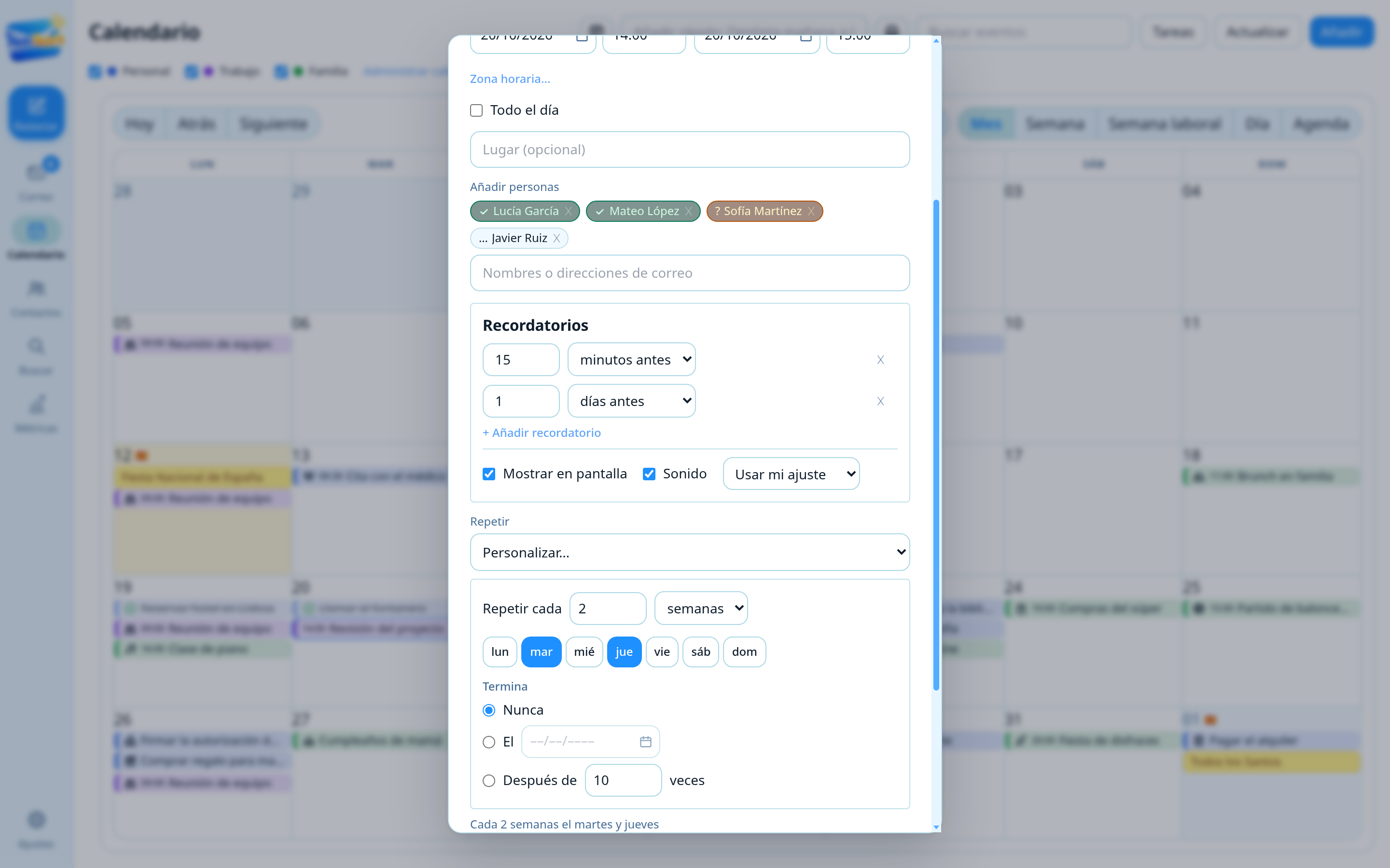 Formulario de evento de NotiSpark con una regla de repetición y varios recordatorios