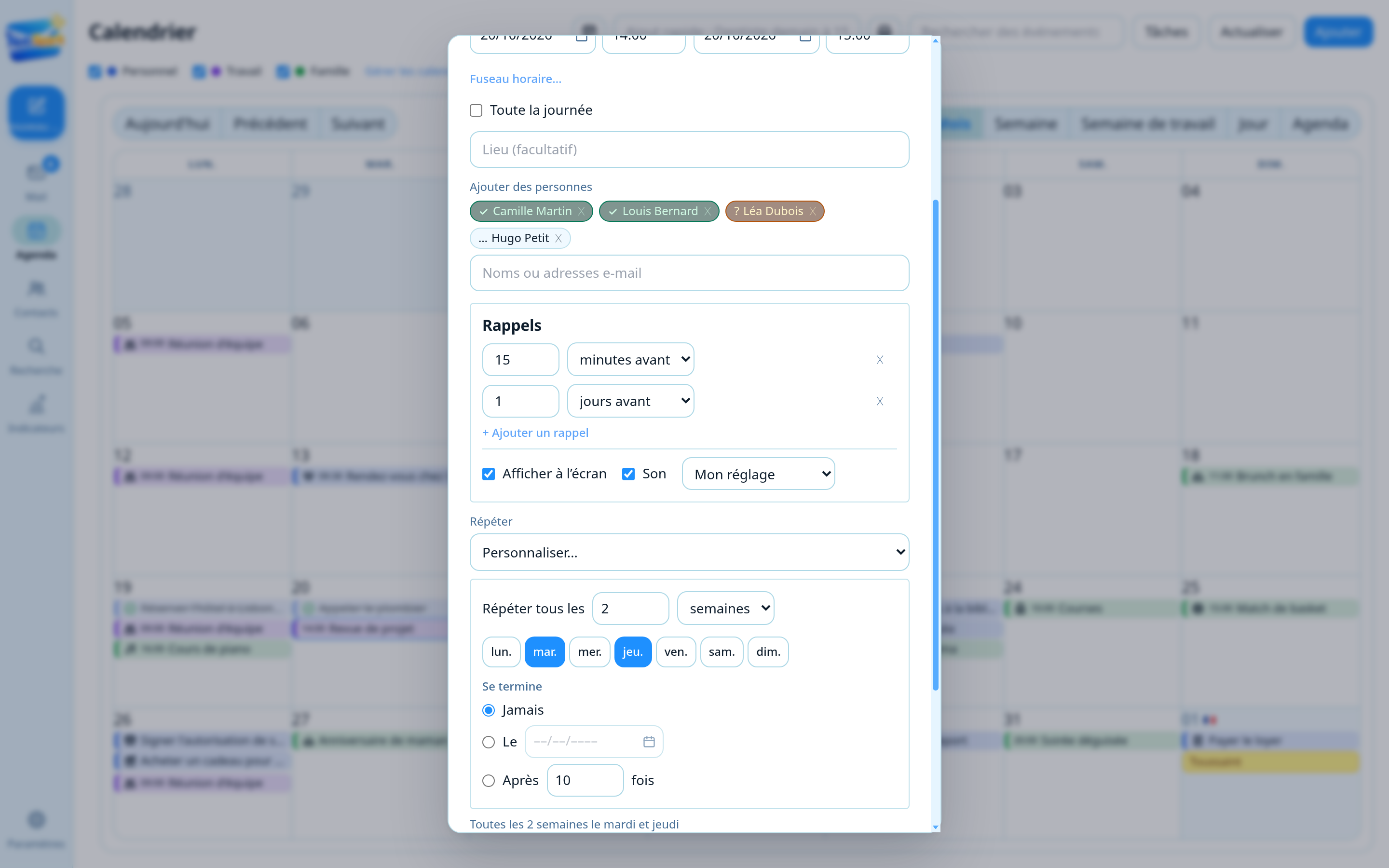 Fiche d’événement NotiSpark avec une règle de répétition et plusieurs rappels