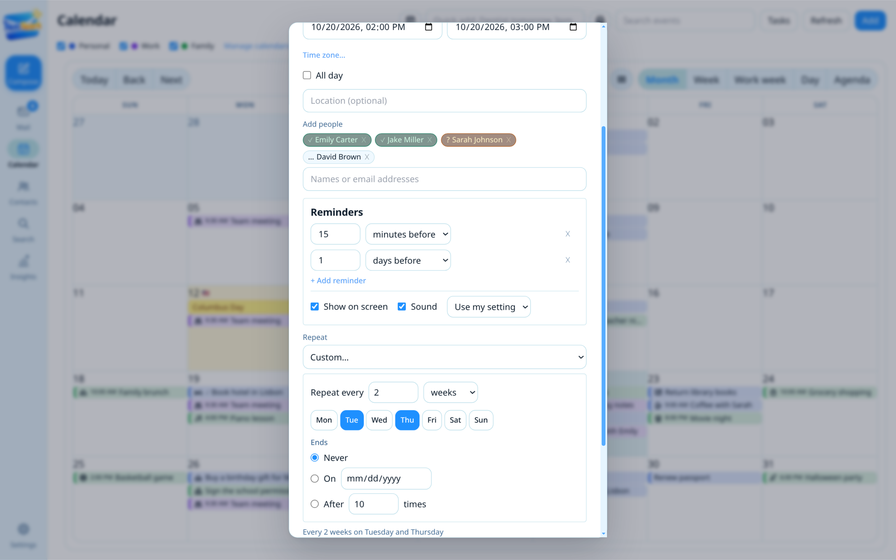 NotiSpark event form with a custom repeat, two reminders and the answers from the people invited