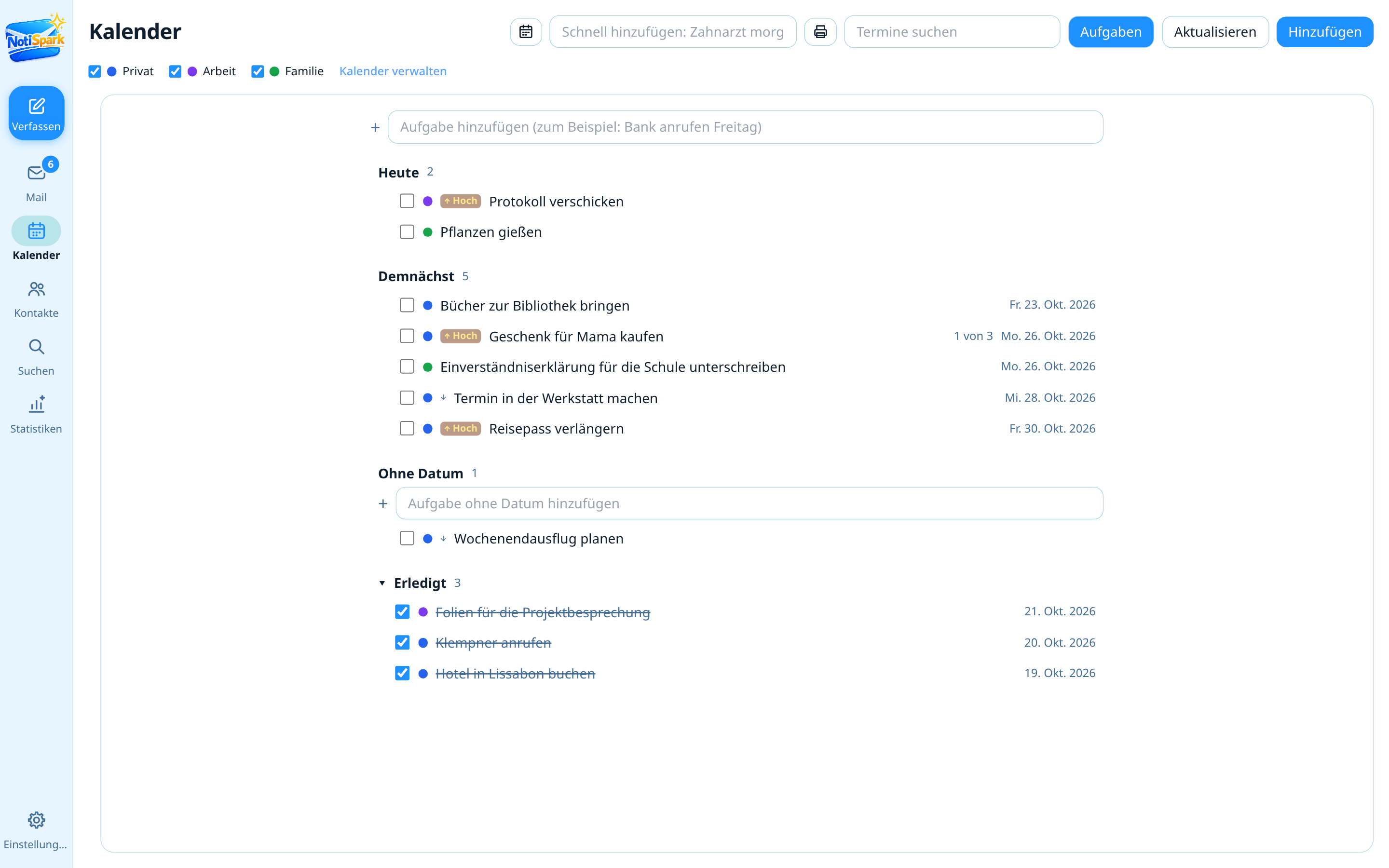NotiSpark-Aufgabenliste mit Prioritäten und Checklisten