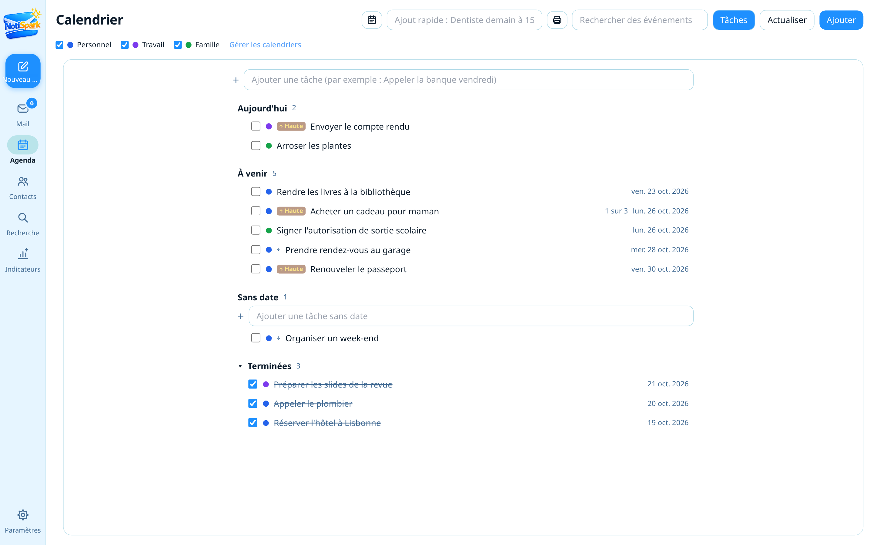 Liste de tâches NotiSpark avec priorités et listes de contrôle