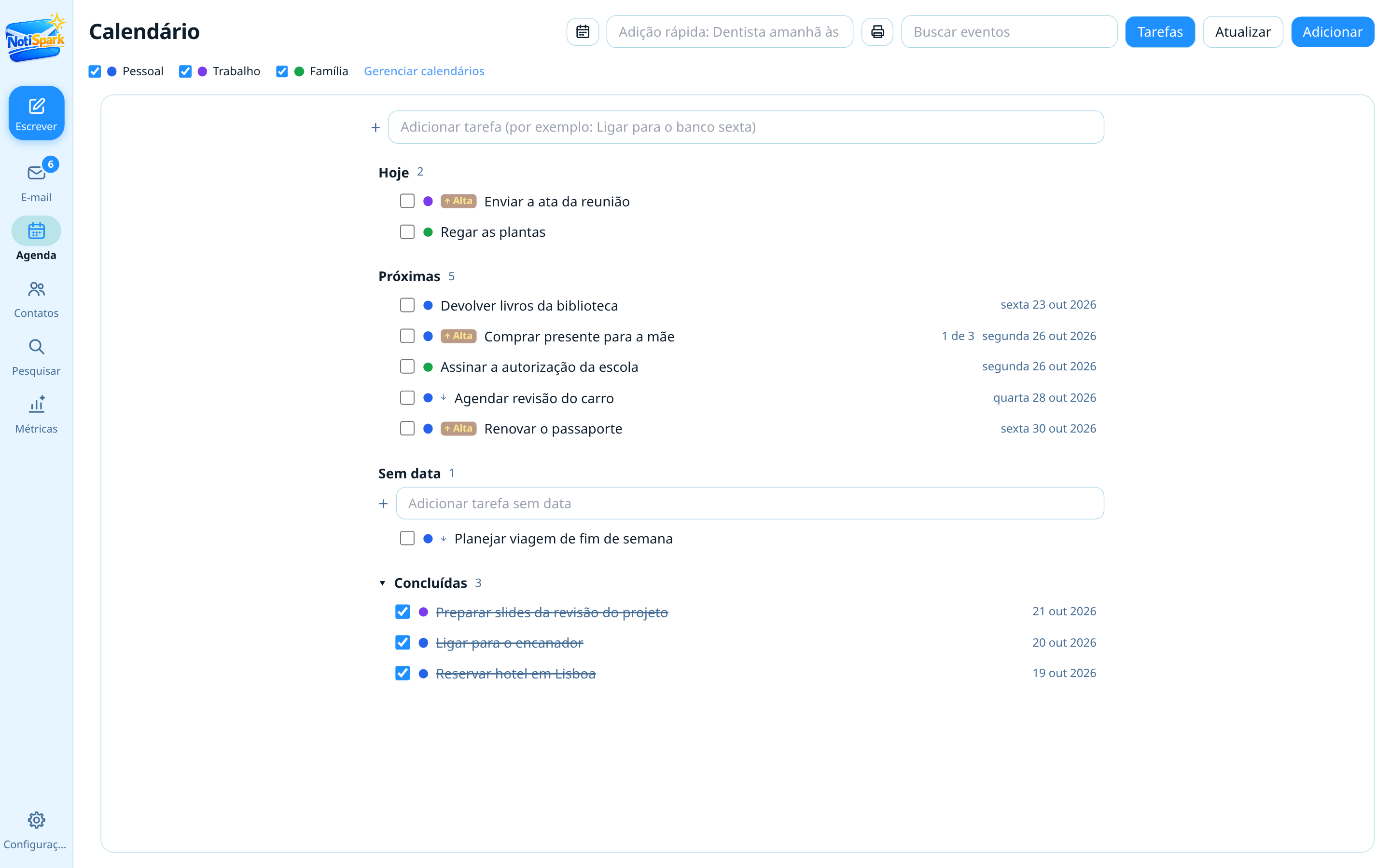 Lista de tarefas do NotiSpark com prioridades e checklists