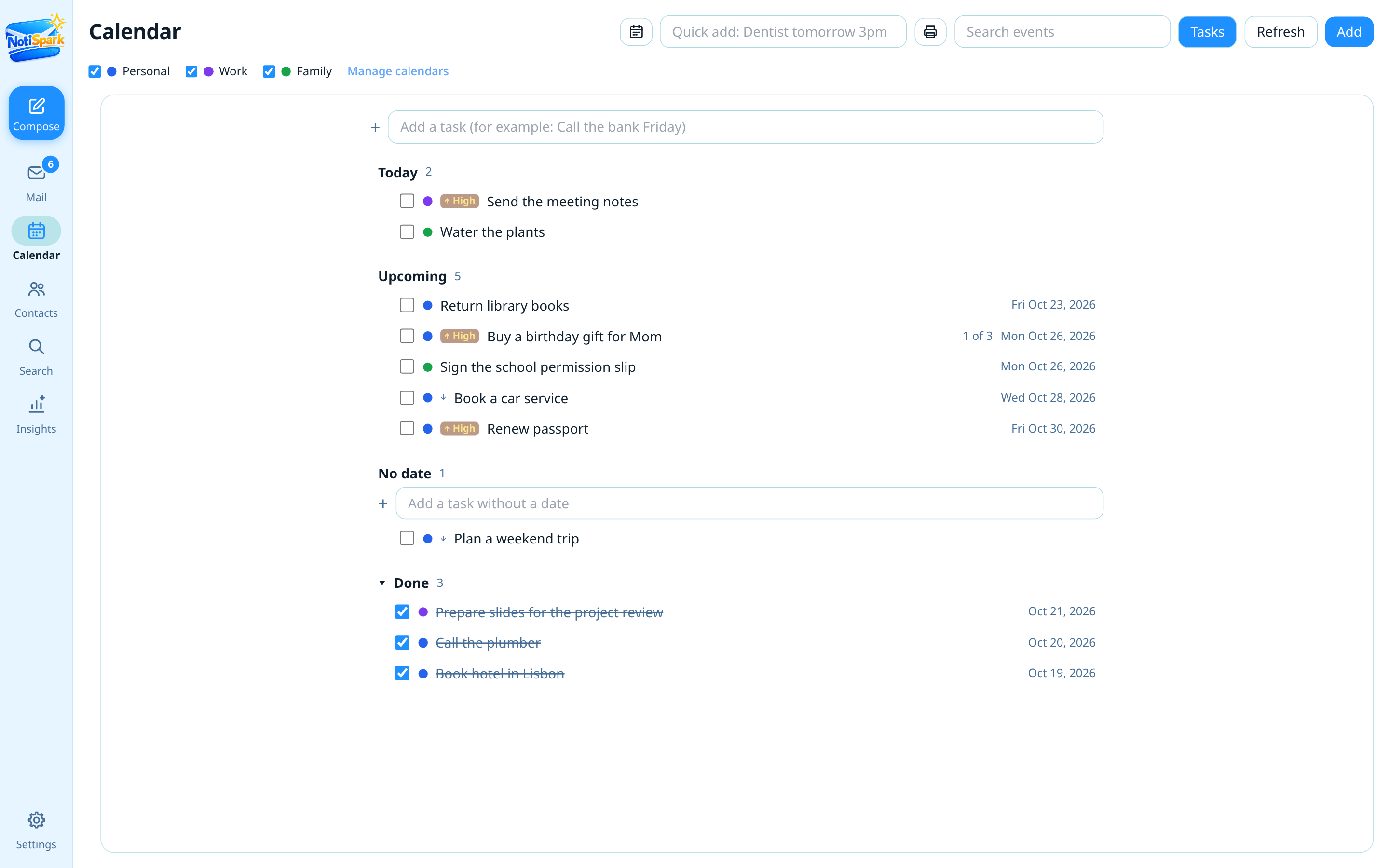 NotiSpark task list with priorities and checklists