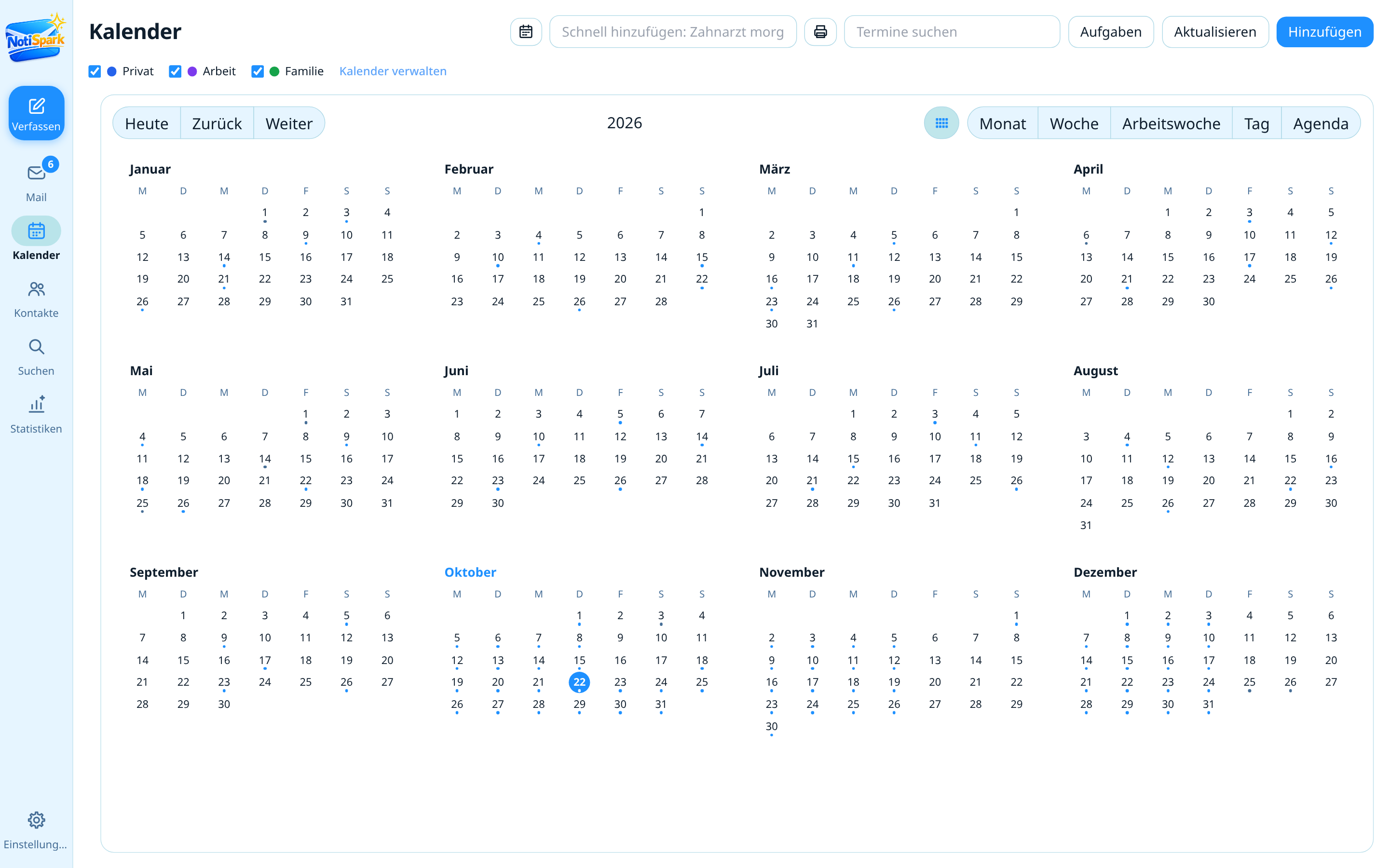 NotiSpark-Kalender in der Jahresansicht mit allen zwölf Monaten