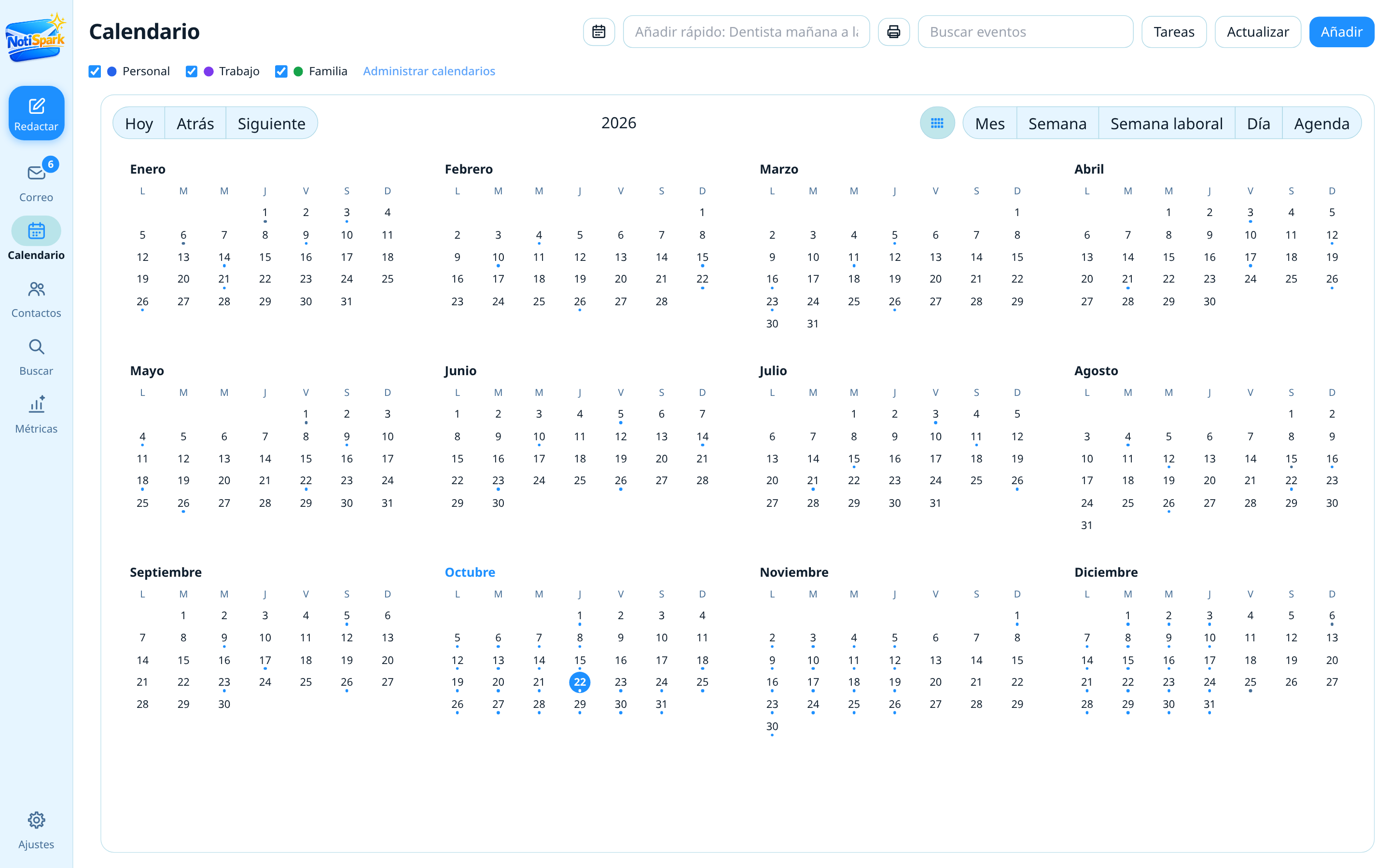 Calendario de NotiSpark en vista anual con los doce meses