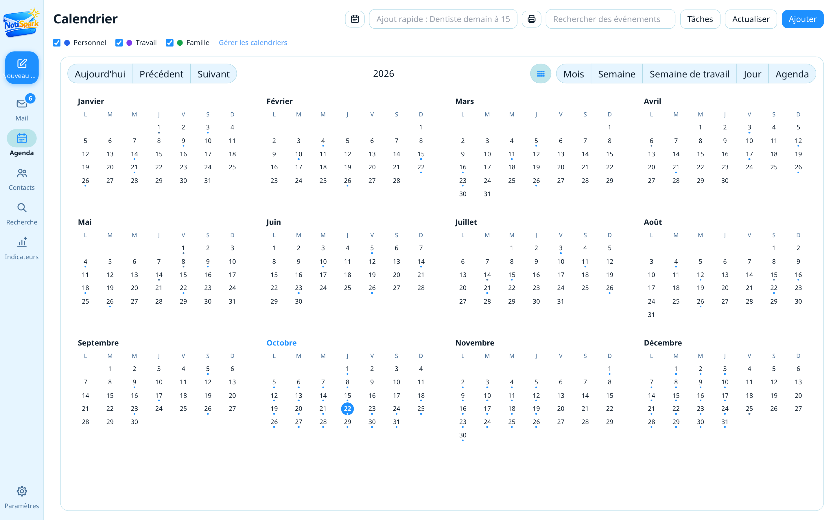 Agenda NotiSpark en vue année avec les douze mois