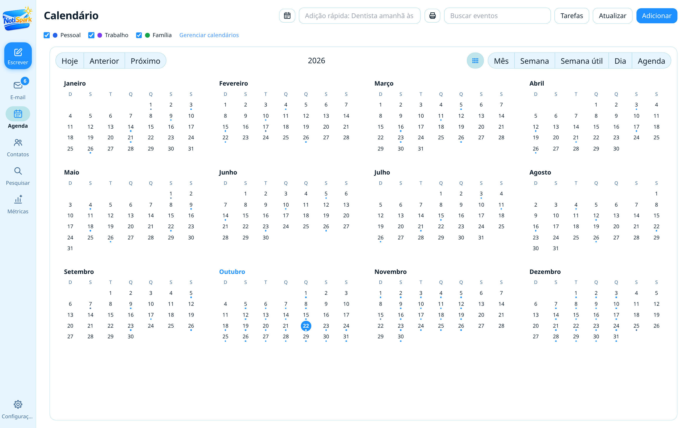 Calendário do NotiSpark na visão do ano, com os doze meses
