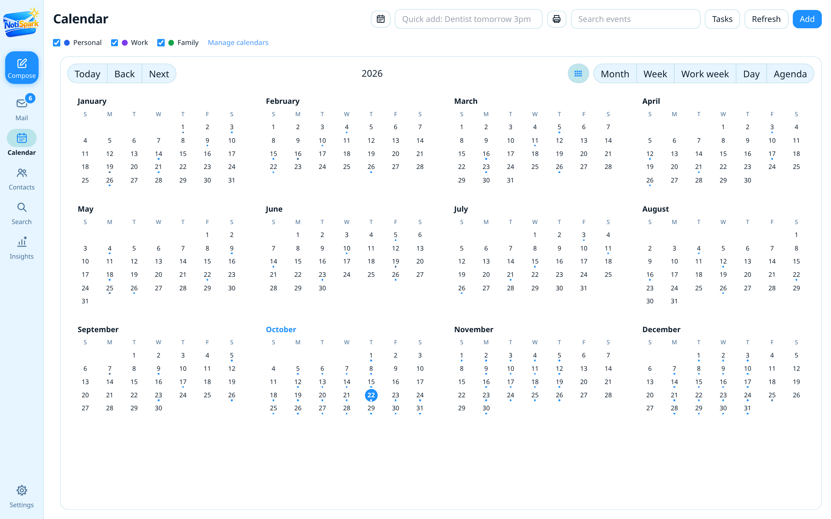 NotiSpark calendar year view with all twelve months