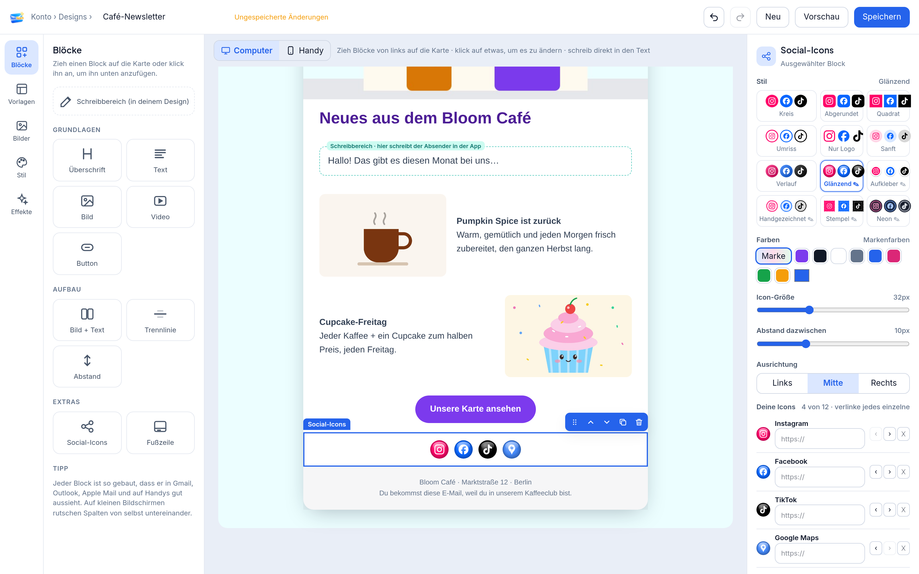 Ein Café-Newsletter mit Social-Media-Symbolen in vielen Stilen