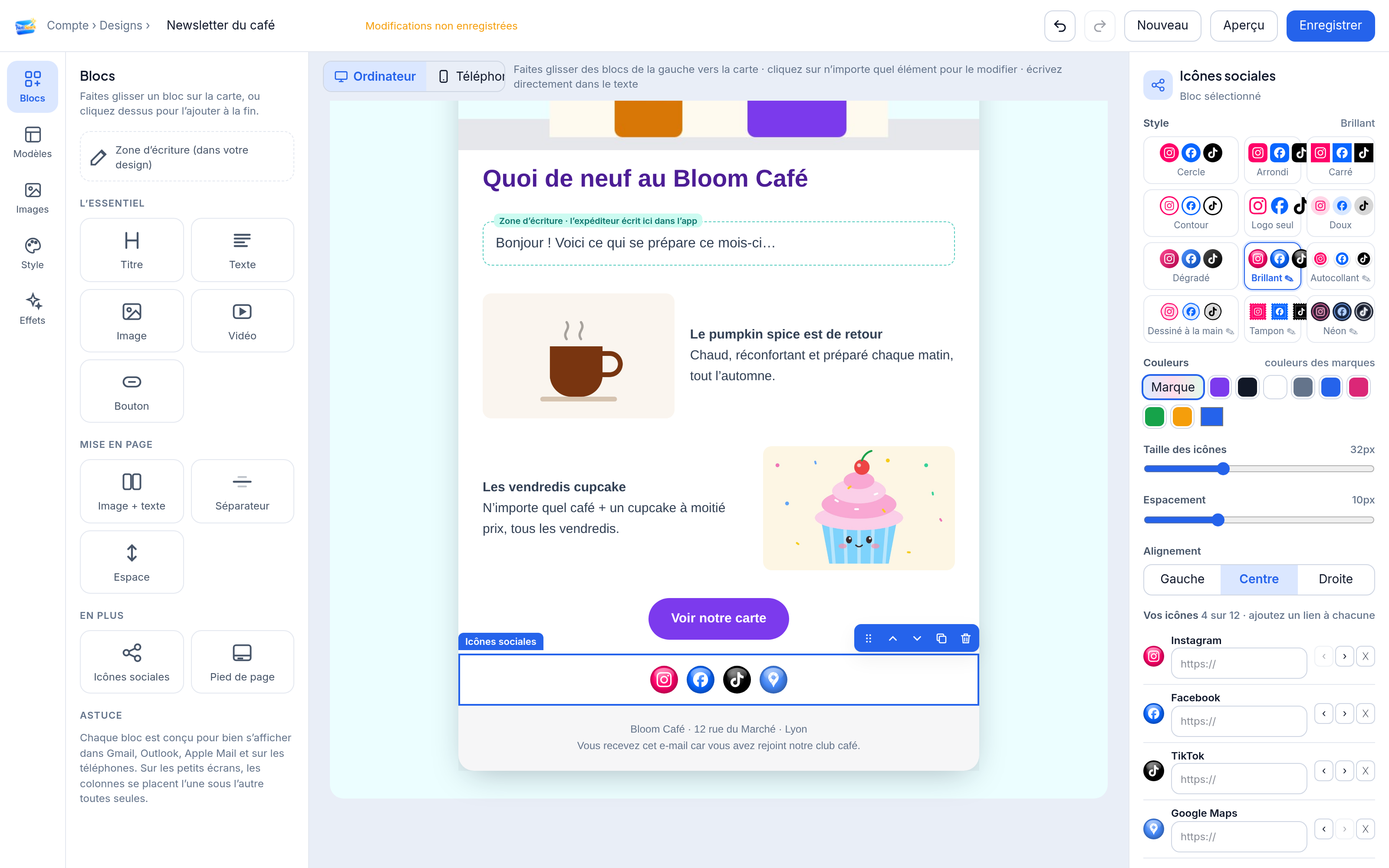 Newsletter d’un café avec des icônes de réseaux sociaux dans de nombreux styles