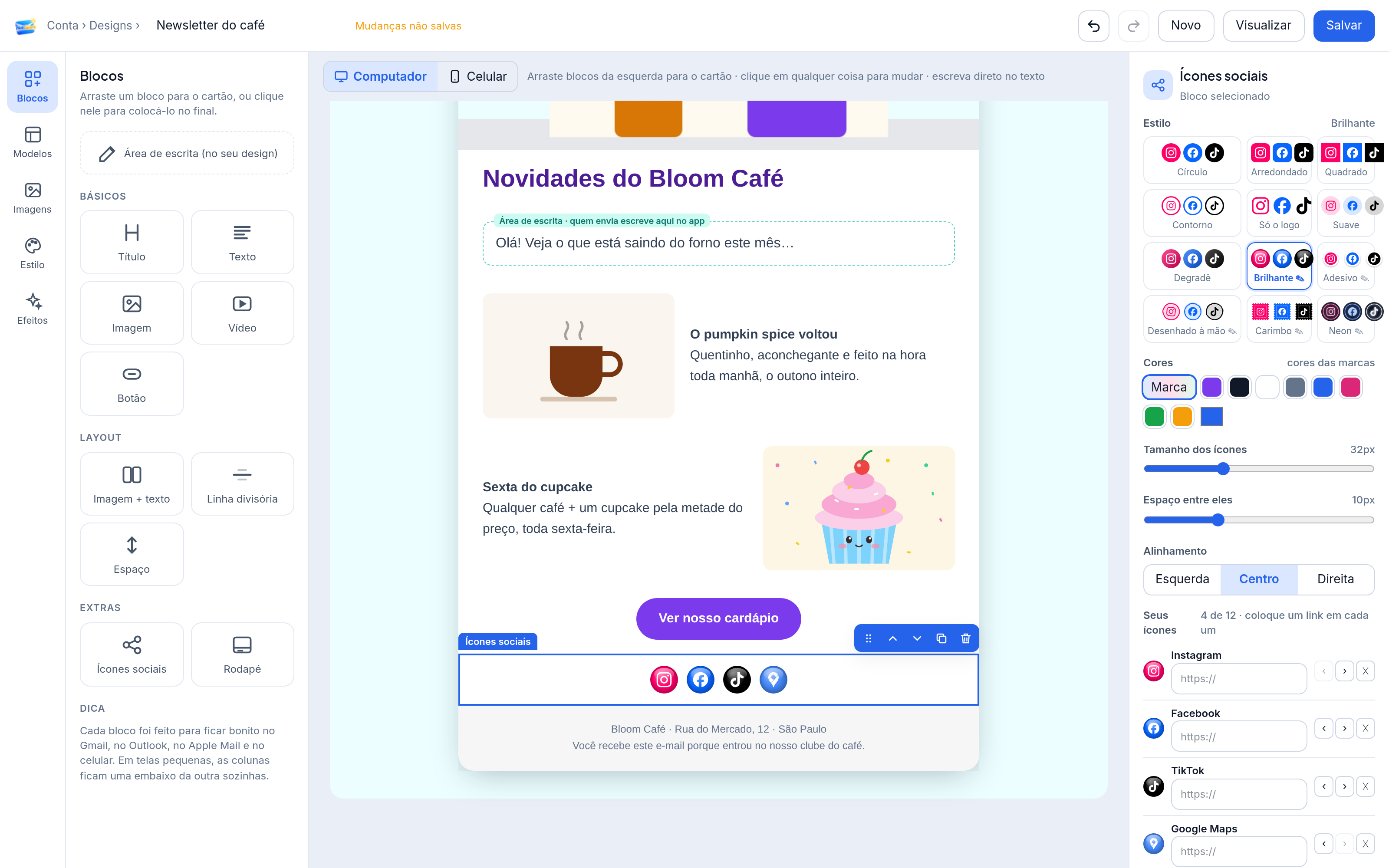 Newsletter de uma cafeteria com ícones de redes sociais em vários estilos