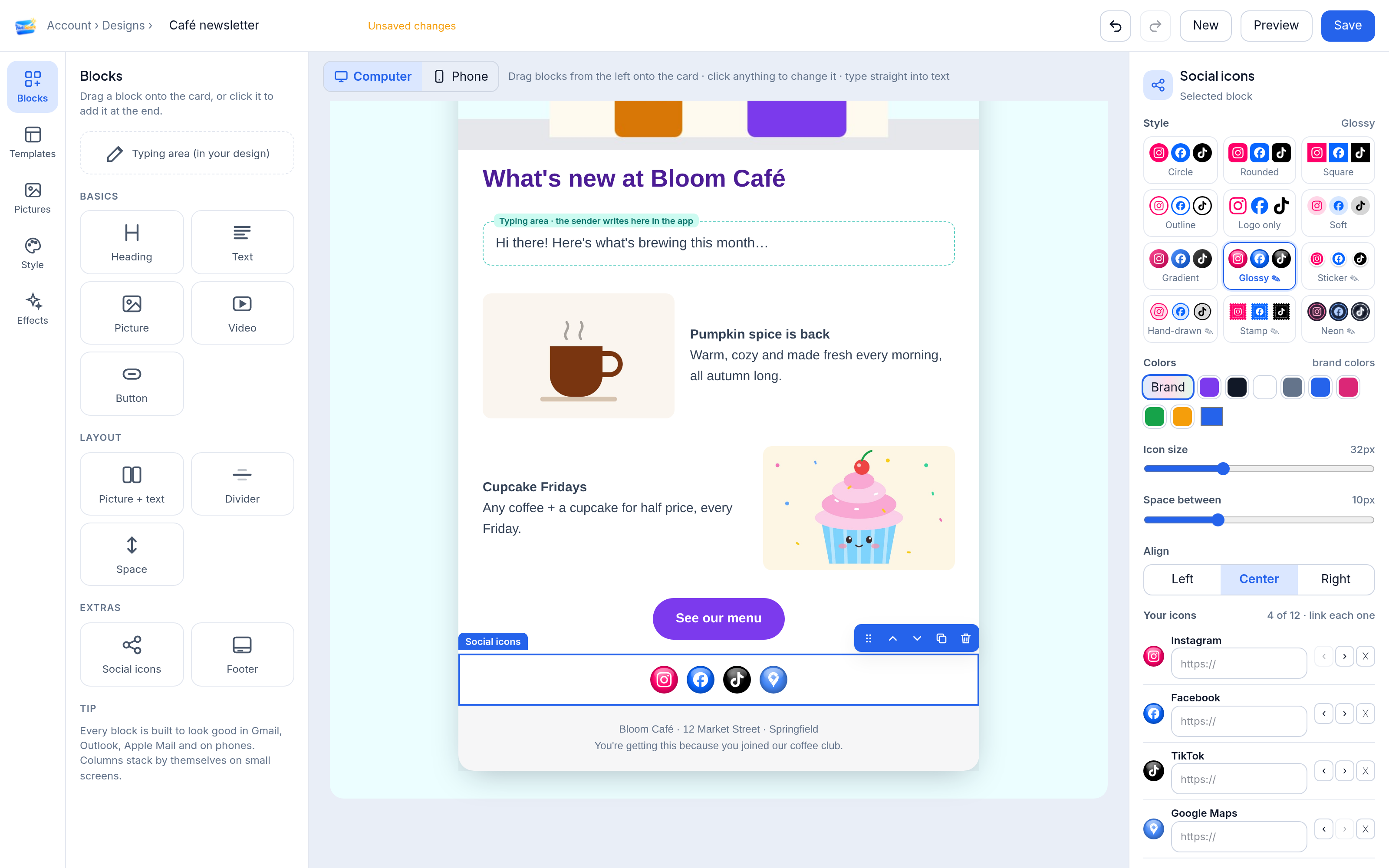 A café newsletter with social icons in many styles