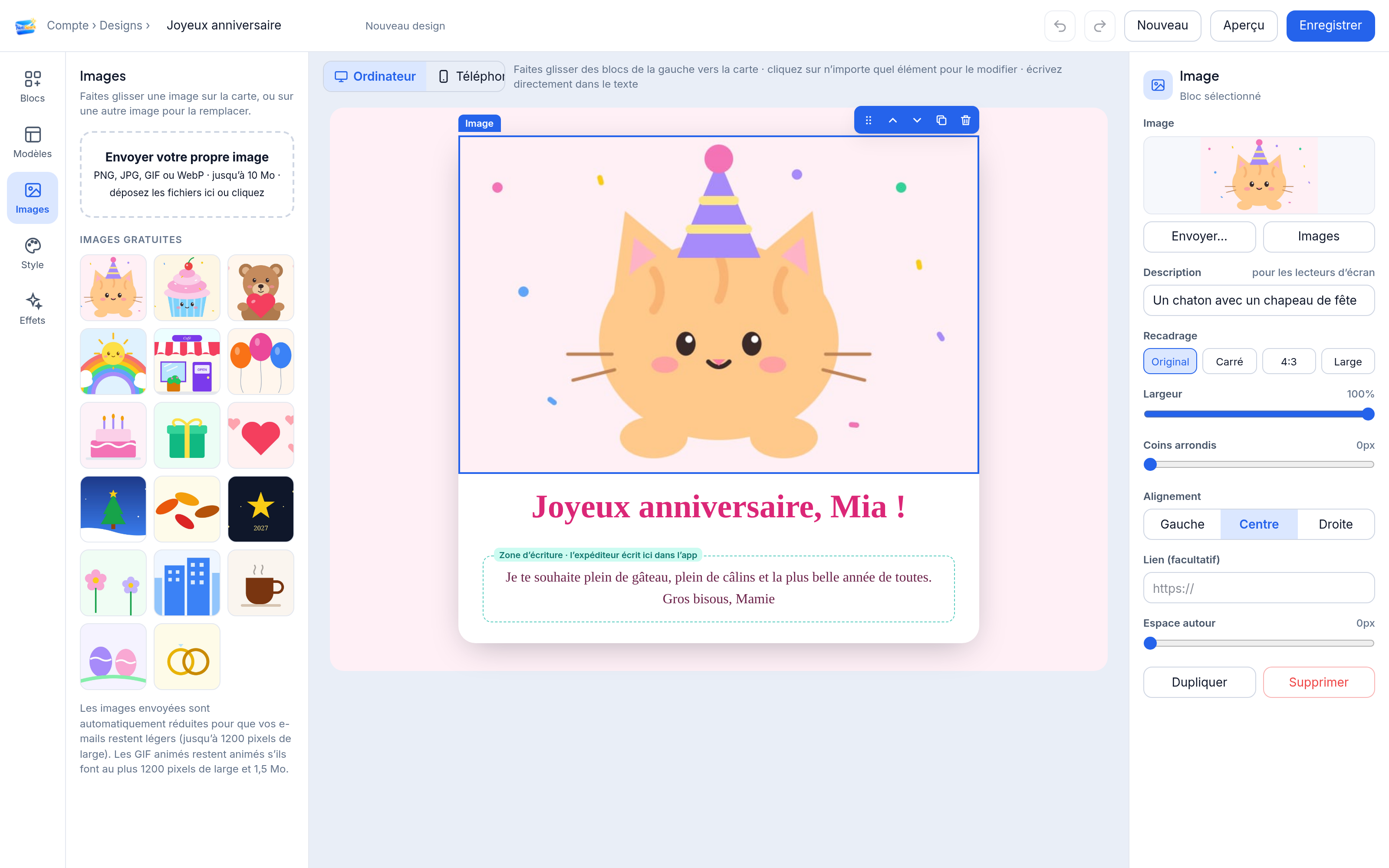 Éditeur de designs NotiSpark : une carte d’anniversaire avec un chaton mignon et les images gratuites