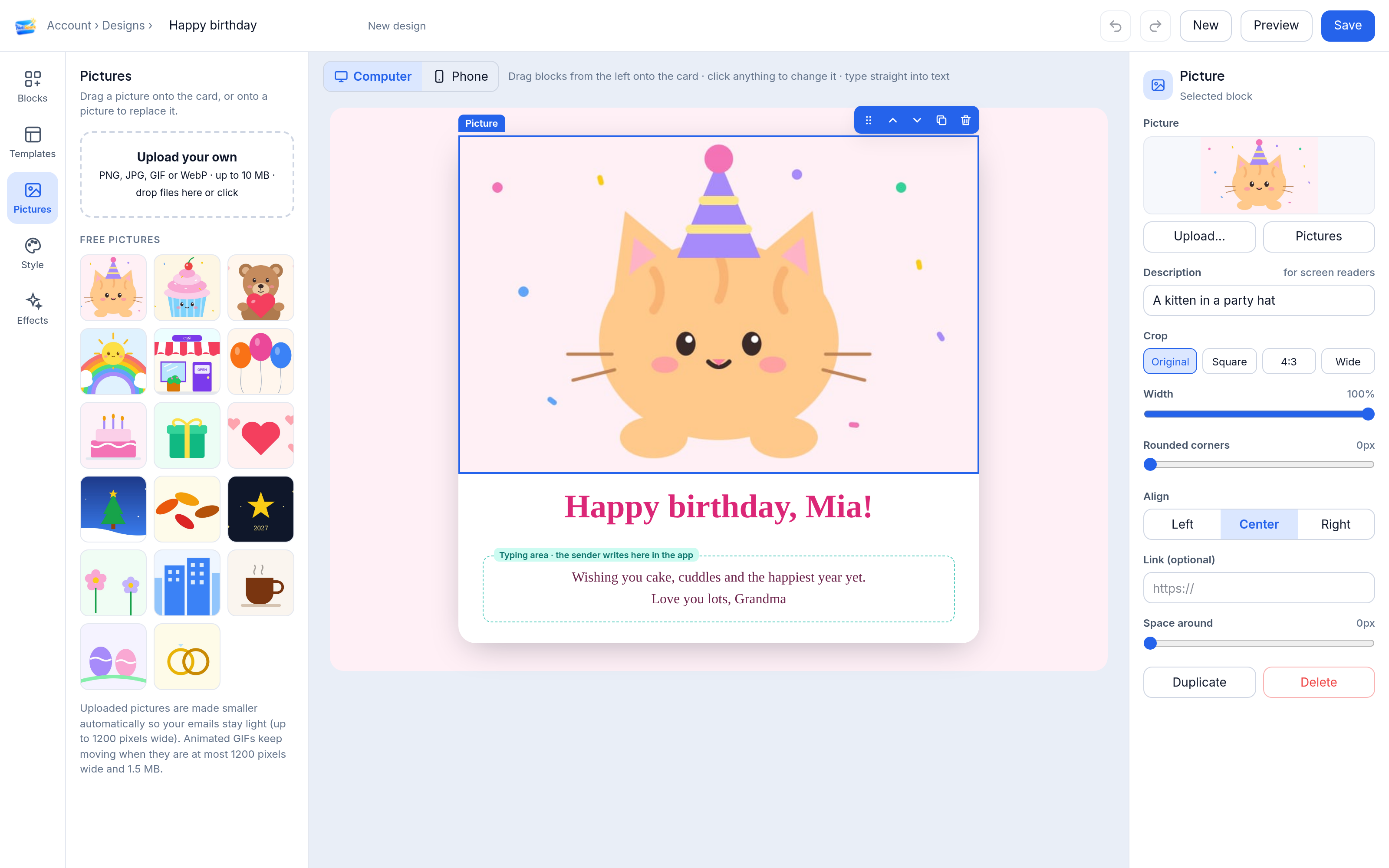 NotiSpark design editor: a birthday ecard with a cute kitten and the free pictures