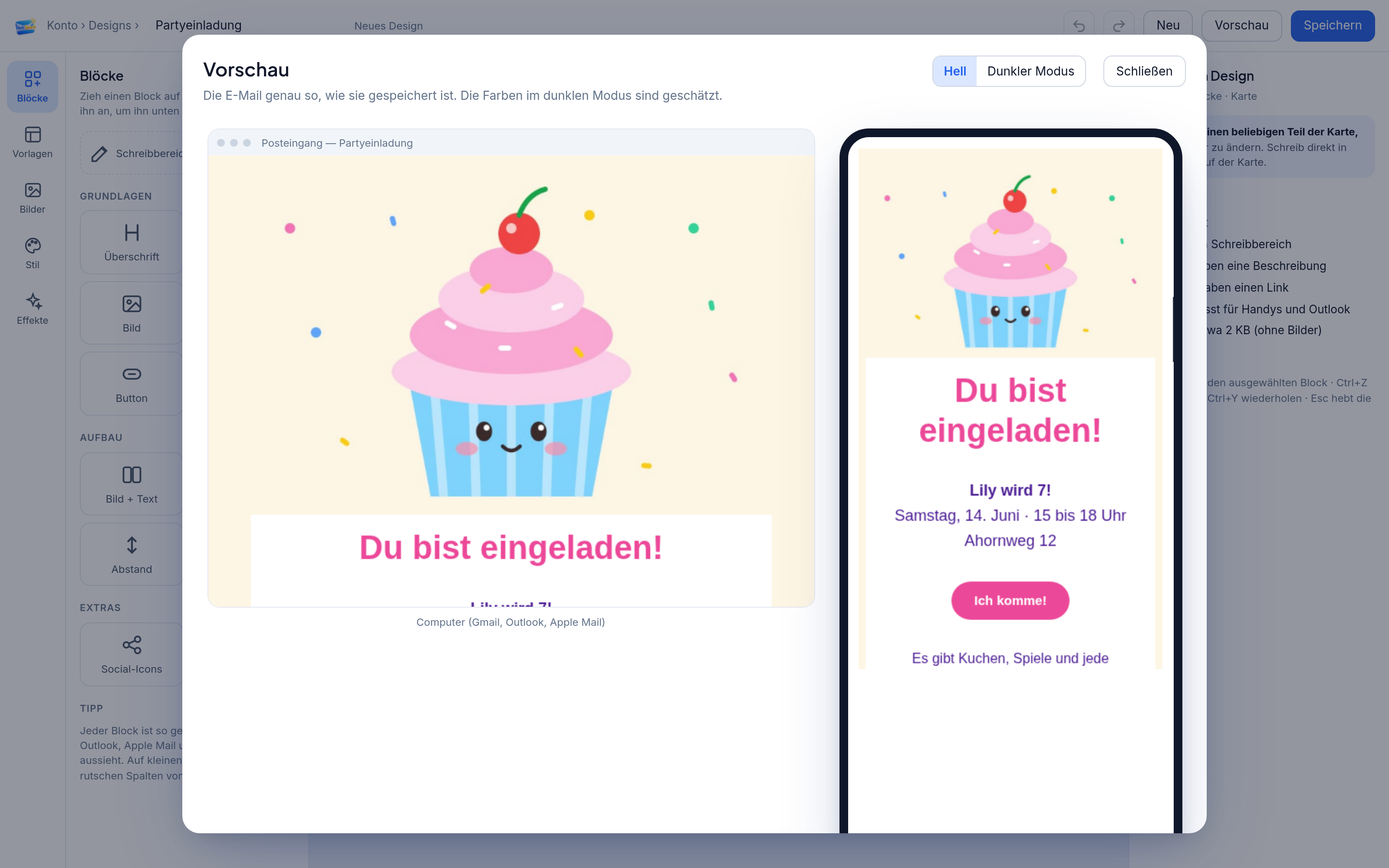 Vorschau einer Partyeinladung auf Computer und Handy