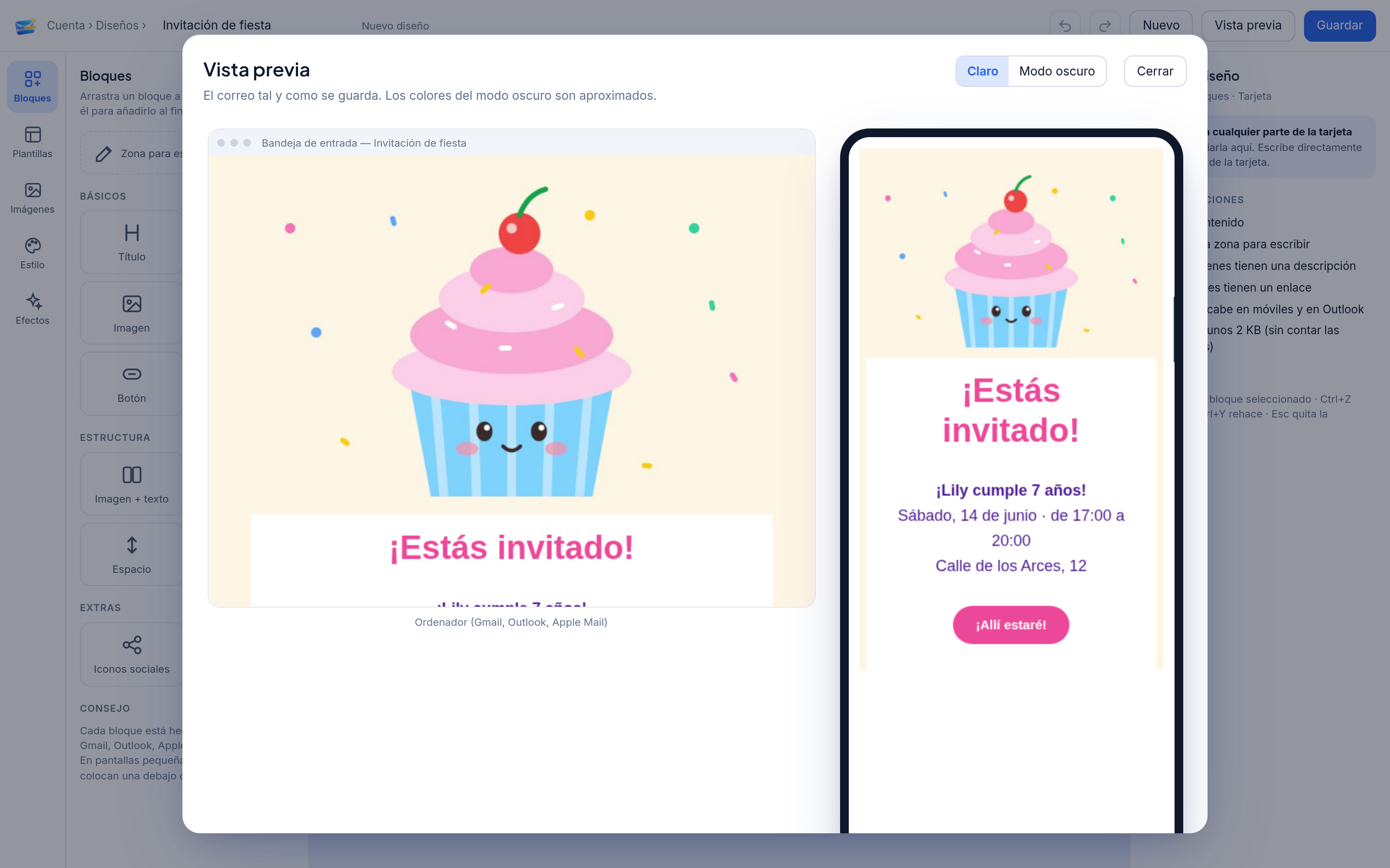Vista previa de una invitación de fiesta en un ordenador y un móvil