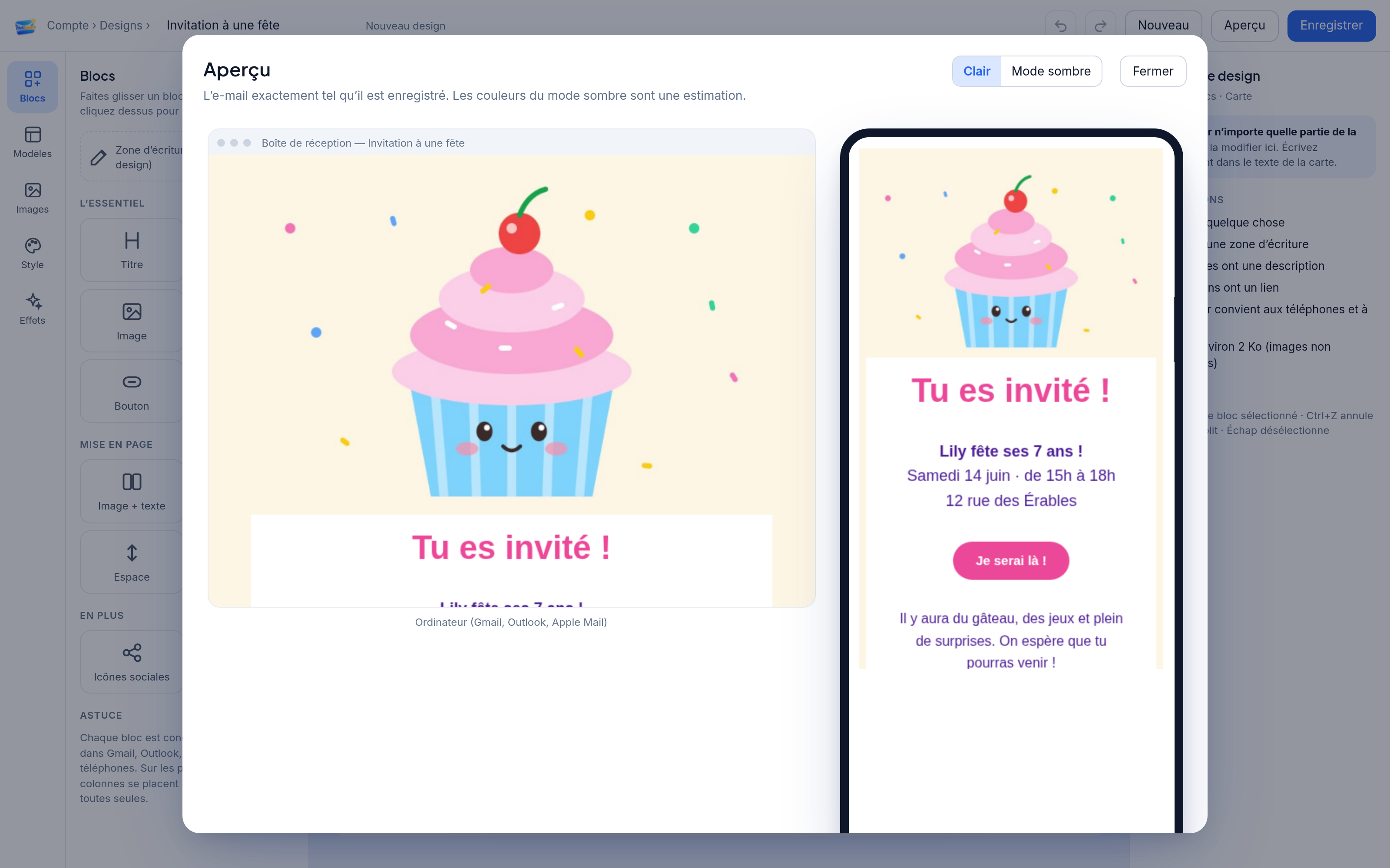 Aperçu d’une invitation de fête sur un ordinateur et un téléphone