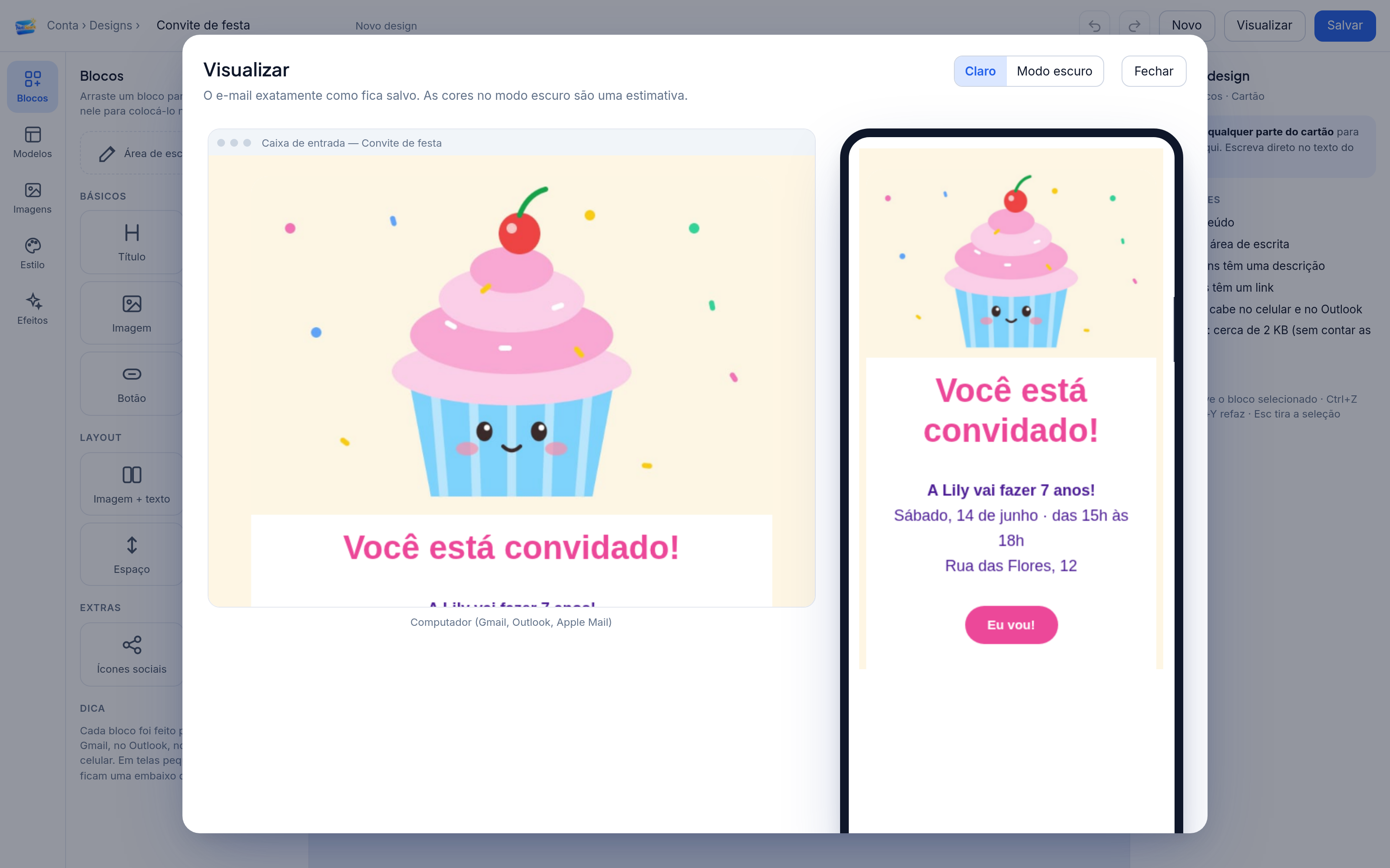 Prévia de um convite de festa no computador e no celular