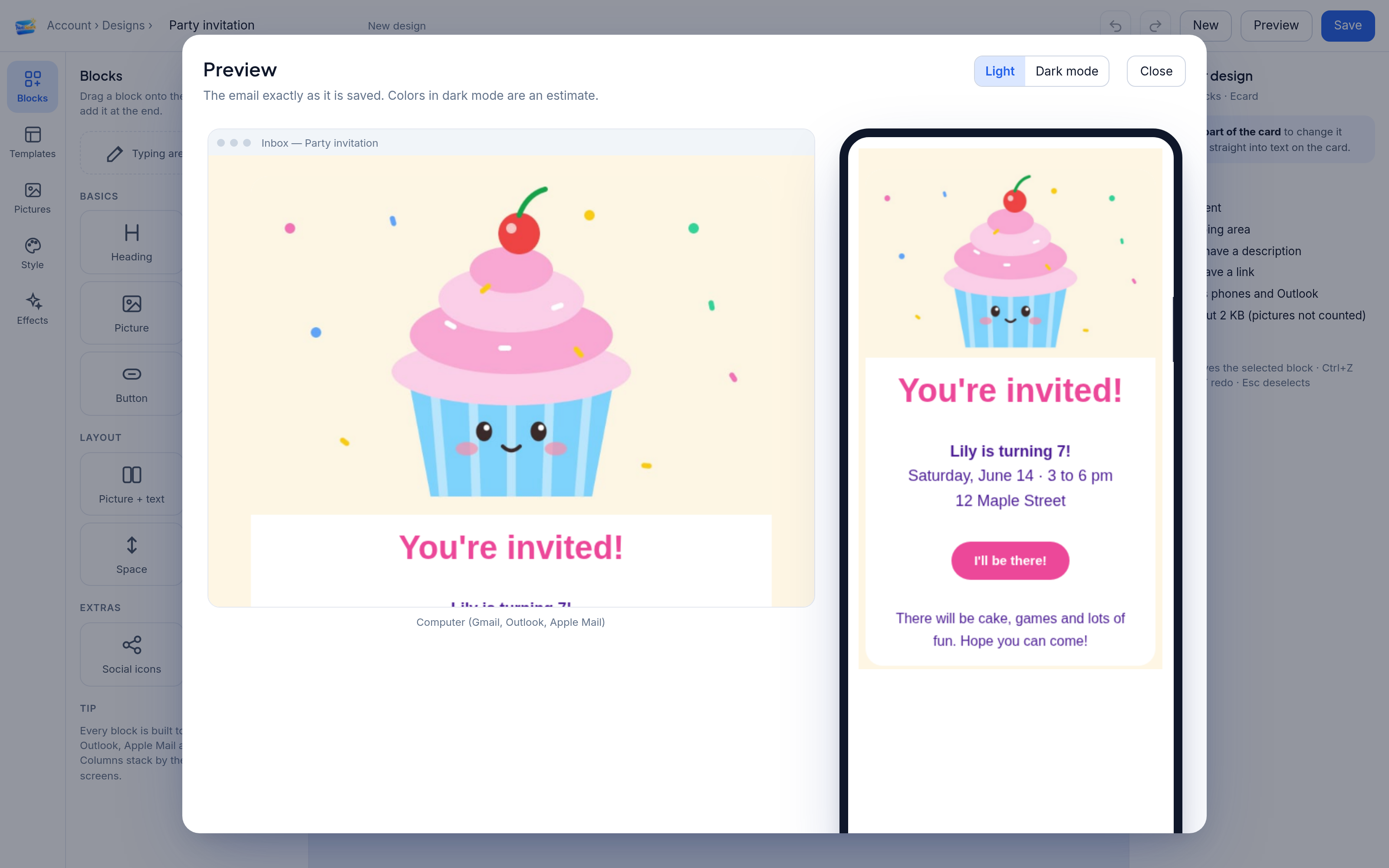 Preview of a party invitation on a computer and a phone