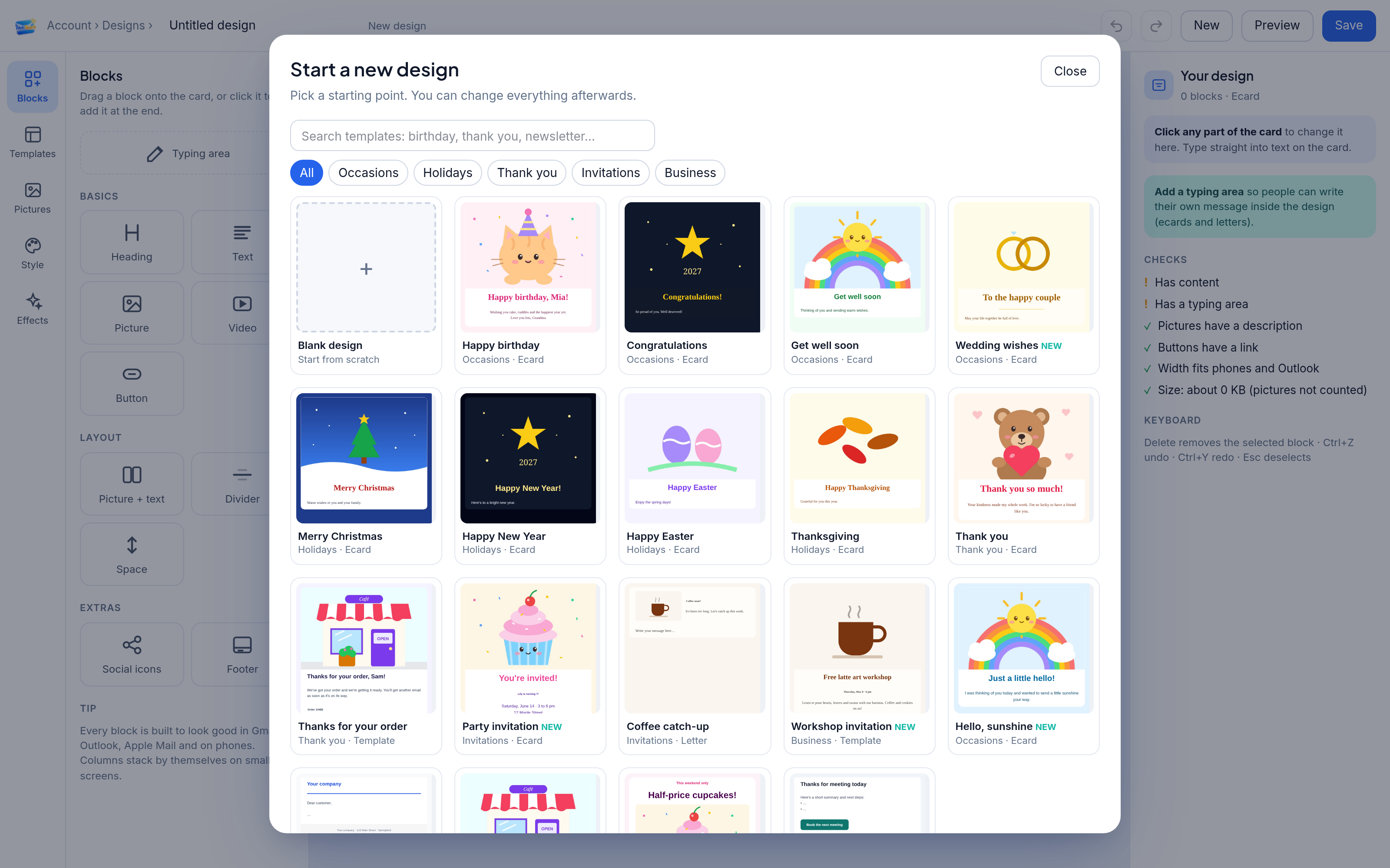 Choosing from ready-made ecards, invitations and business templates