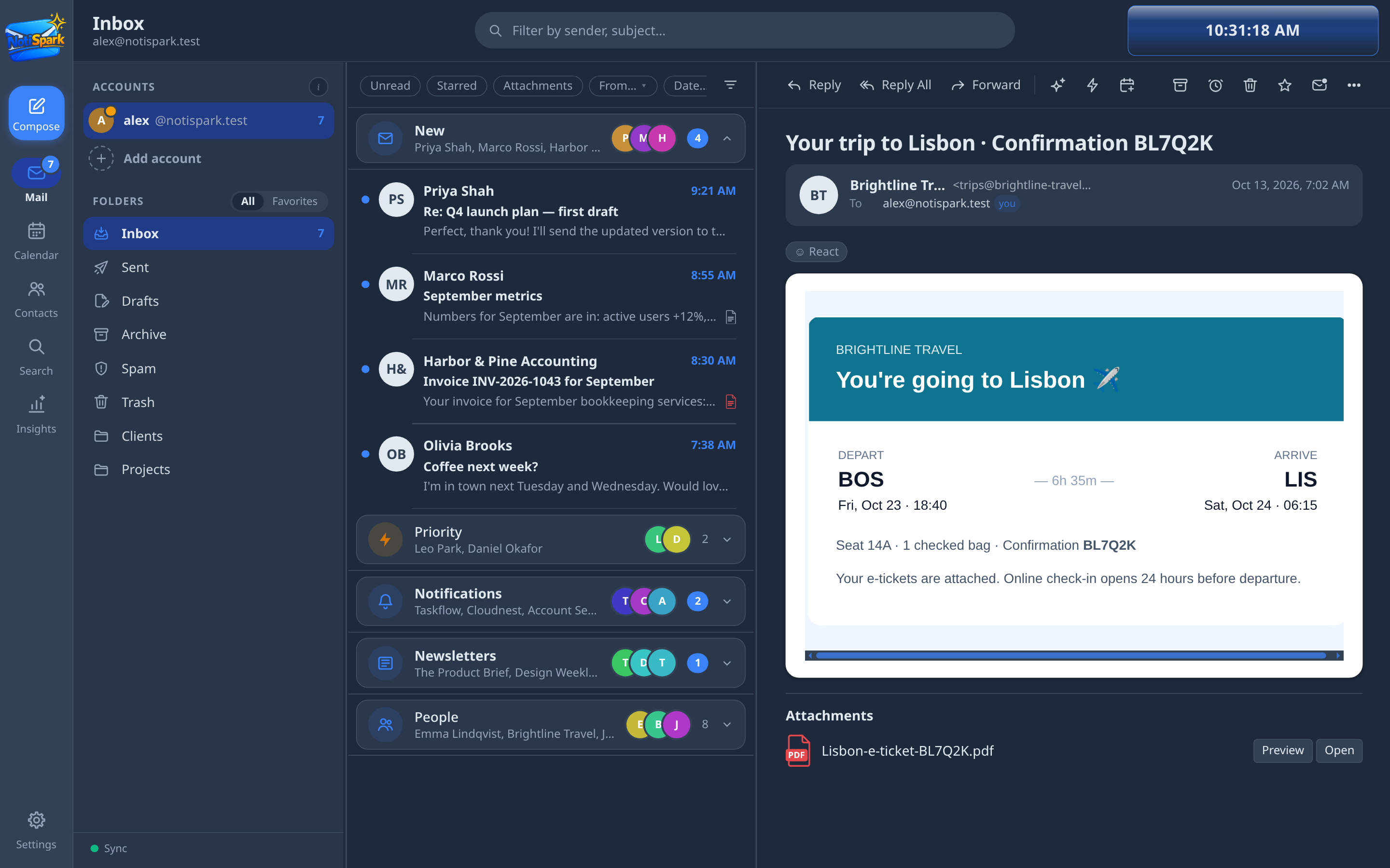 NotiSpark desktop app in a dark theme