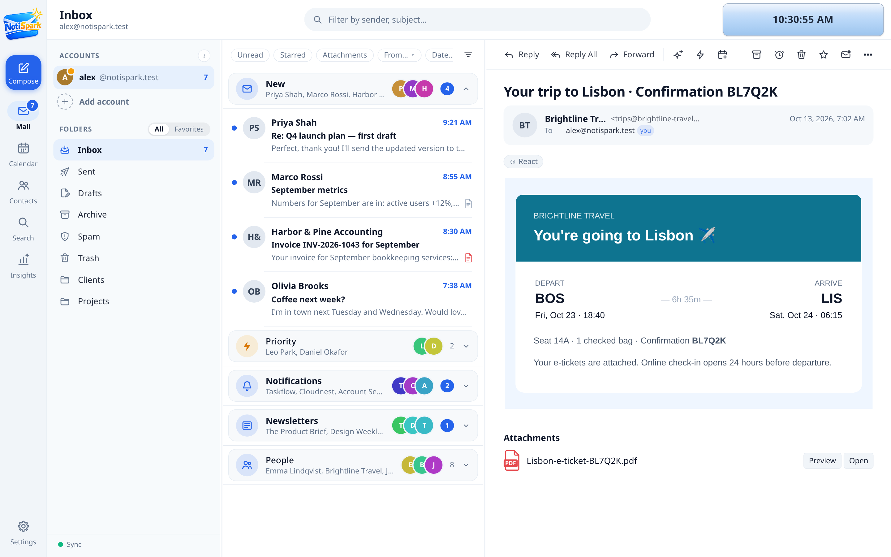 NotiSpark desktop app: inbox with an email open in the reading pane