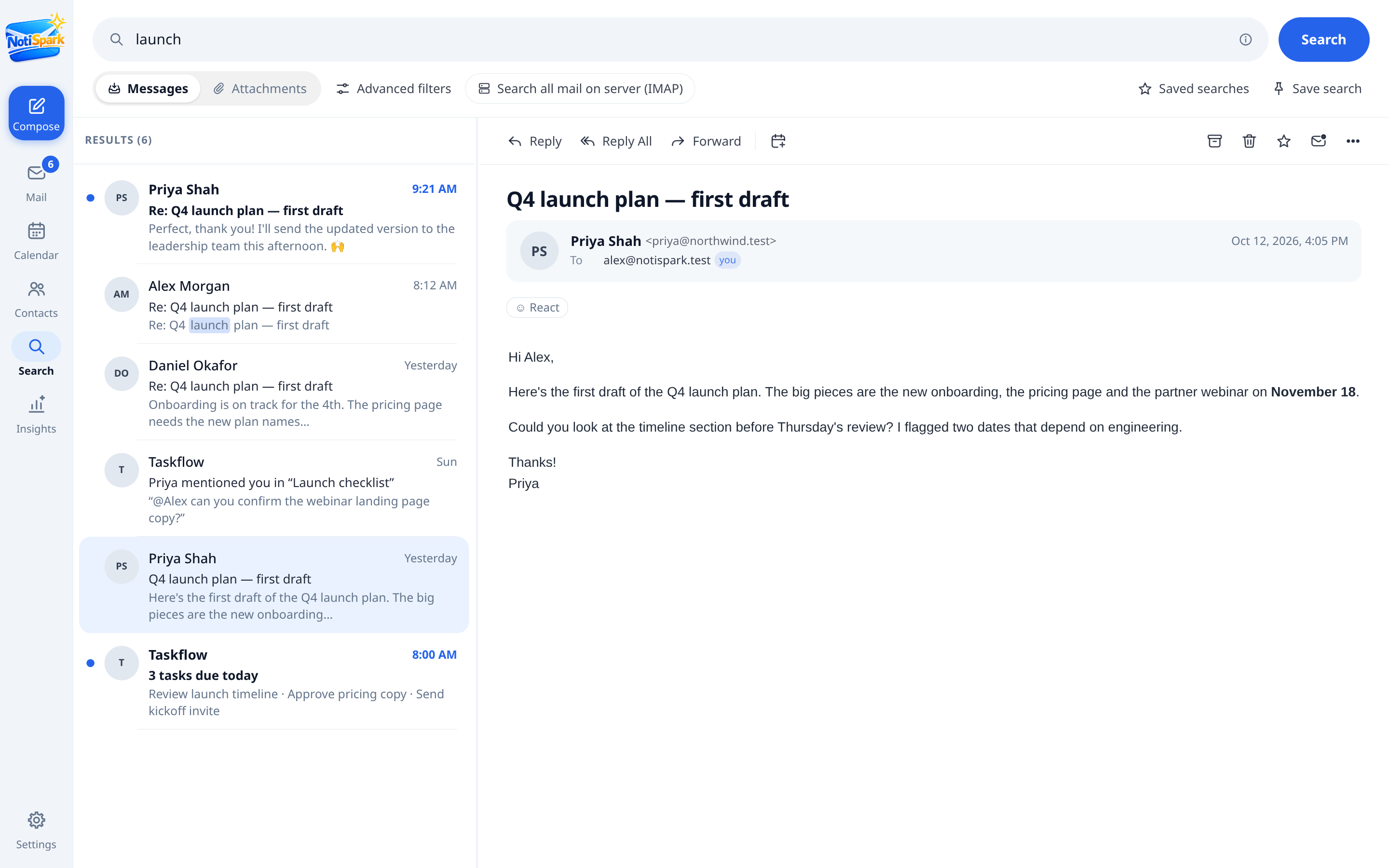 NotiSpark search showing attachment results