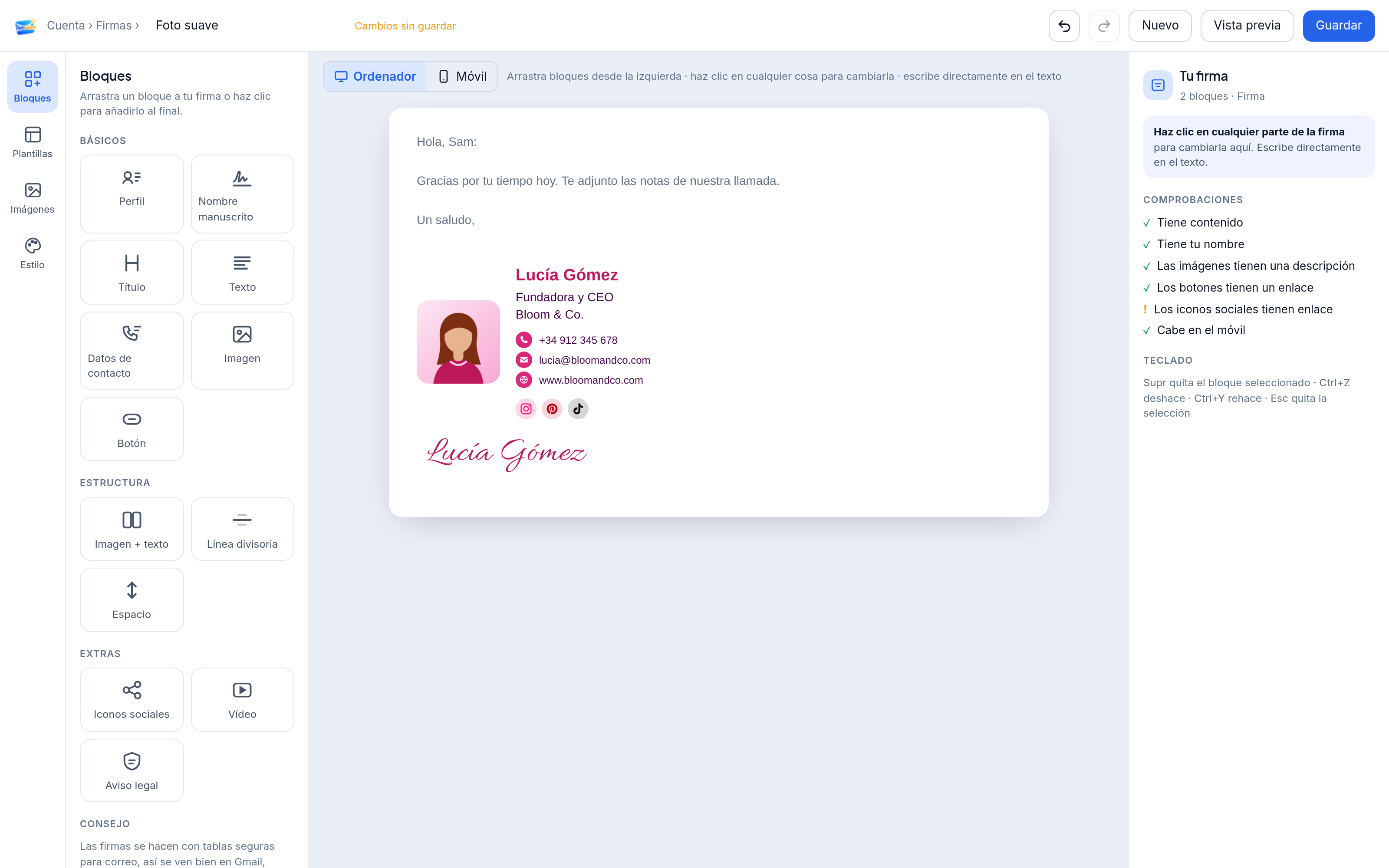 El creador de firmas de NotiSpark en el sitio web