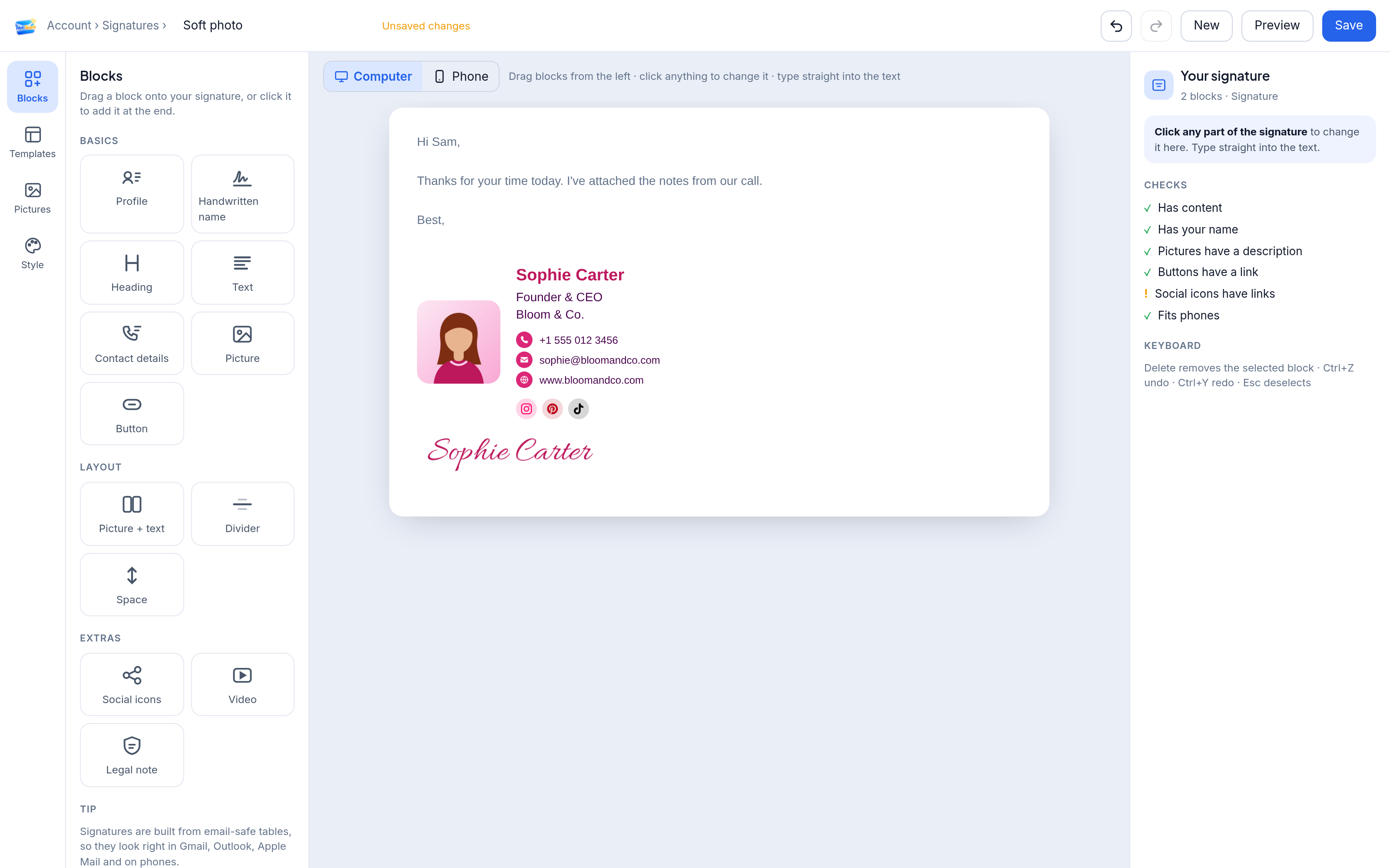 The NotiSpark signature builder on the website
