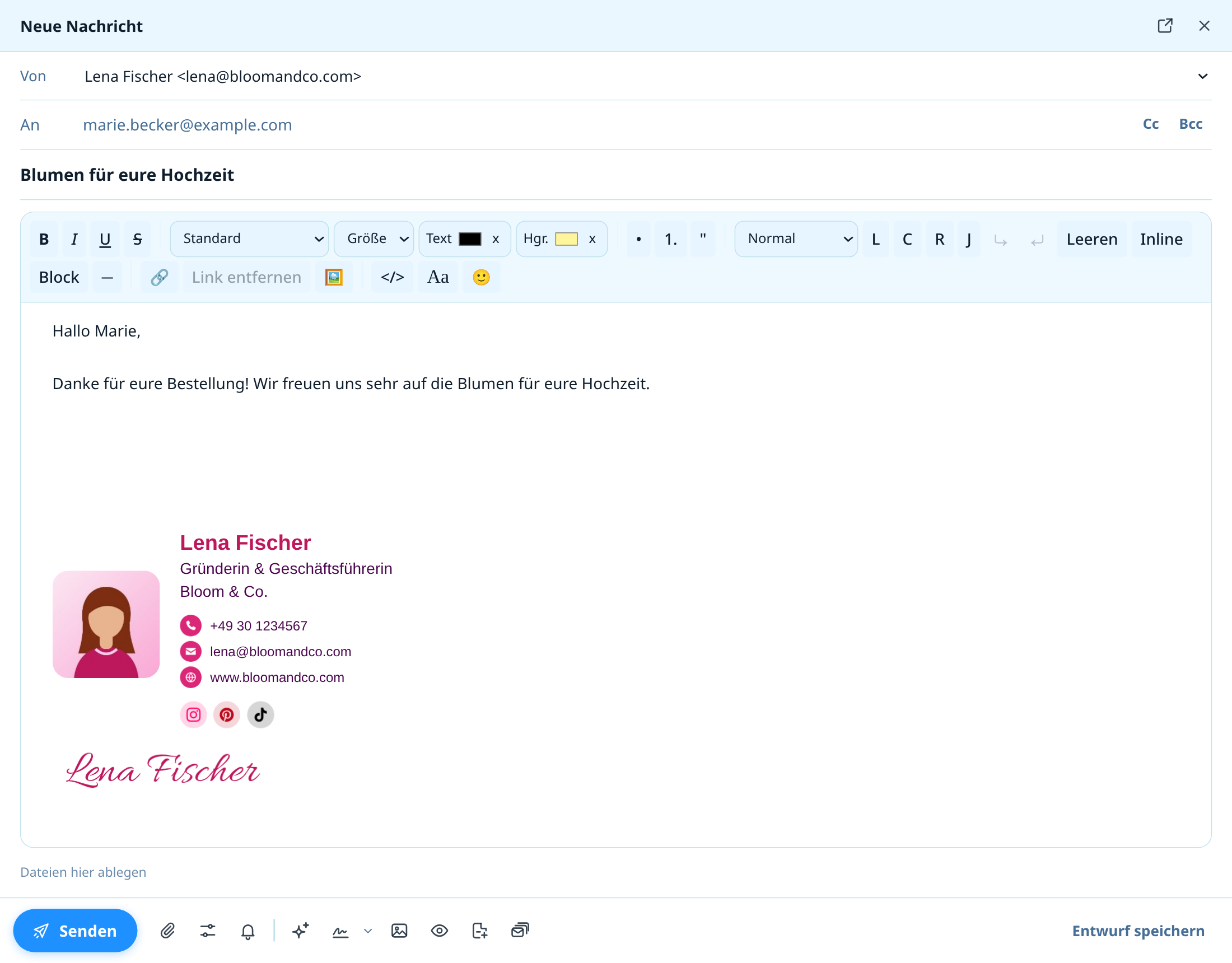 Eine neue E-Mail in NotiSpark Mail auf dem Computer mit eingefügter Signatur