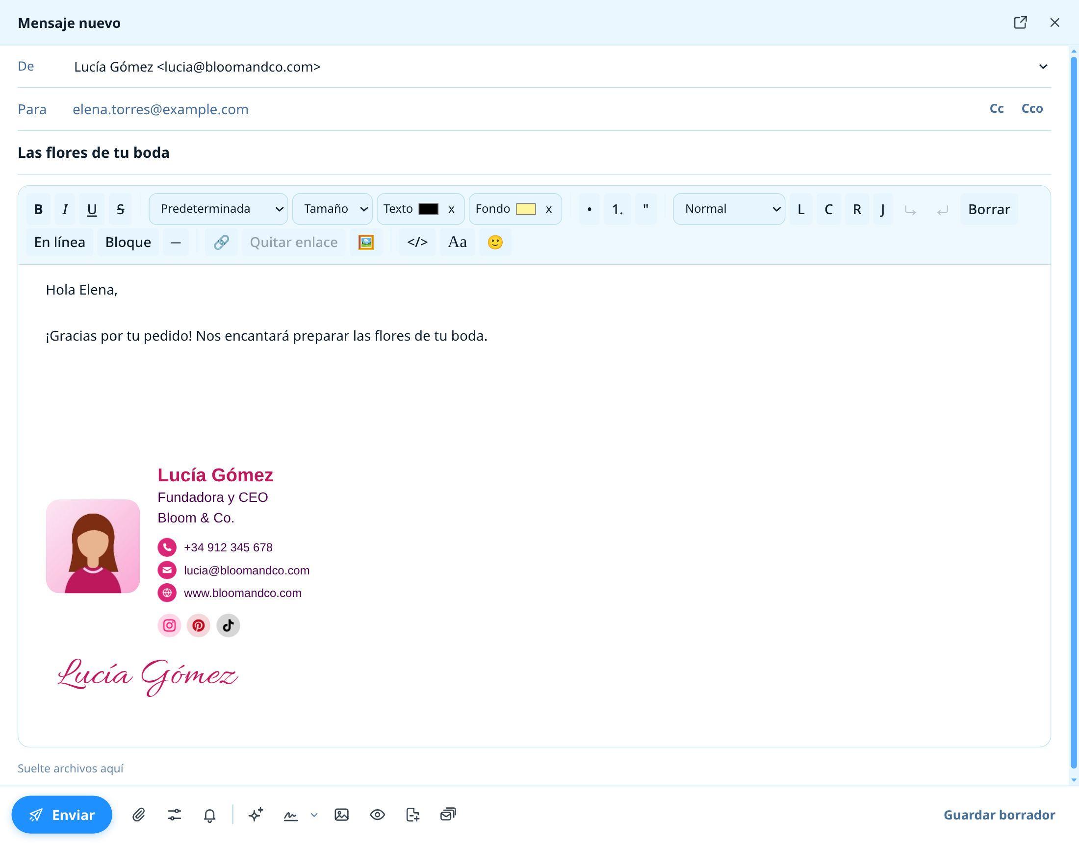 Un correo nuevo en NotiSpark Mail en el ordenador con la firma añadida