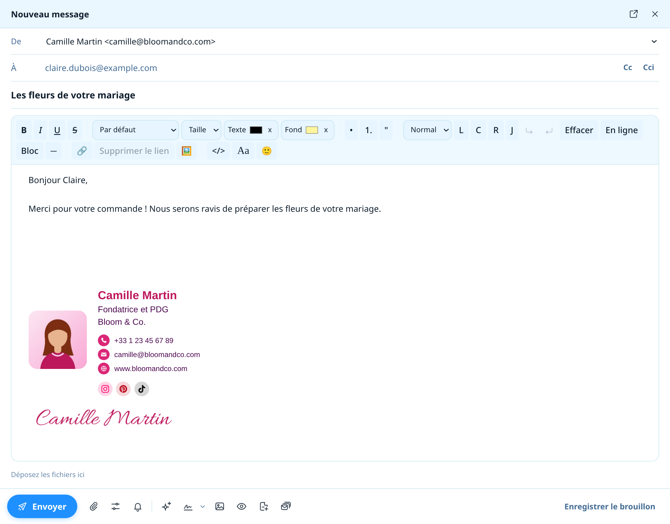 Un nouvel e-mail dans NotiSpark Mail sur l’ordinateur avec la signature ajoutée