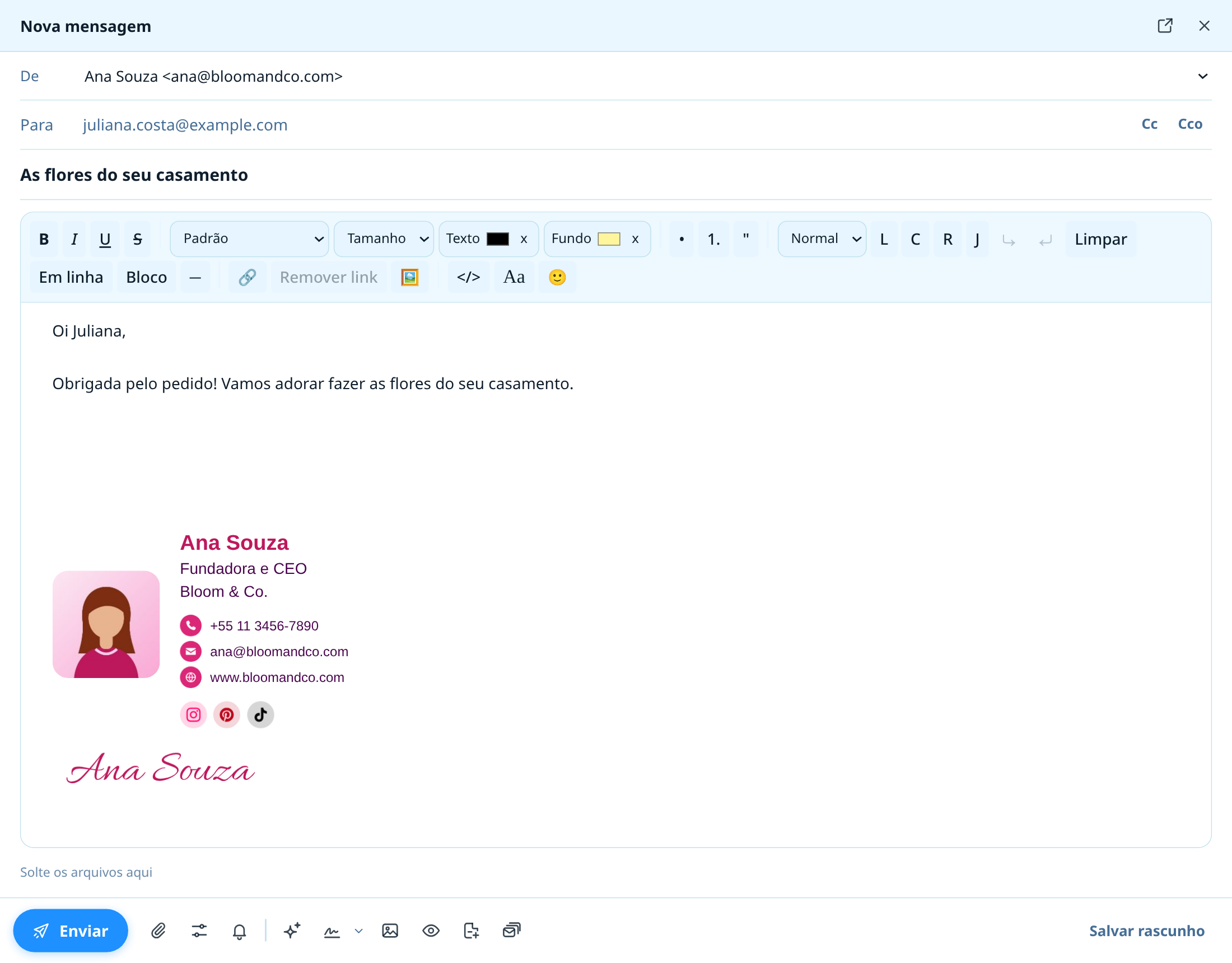 Um novo e-mail no NotiSpark Mail no computador com a assinatura adicionada