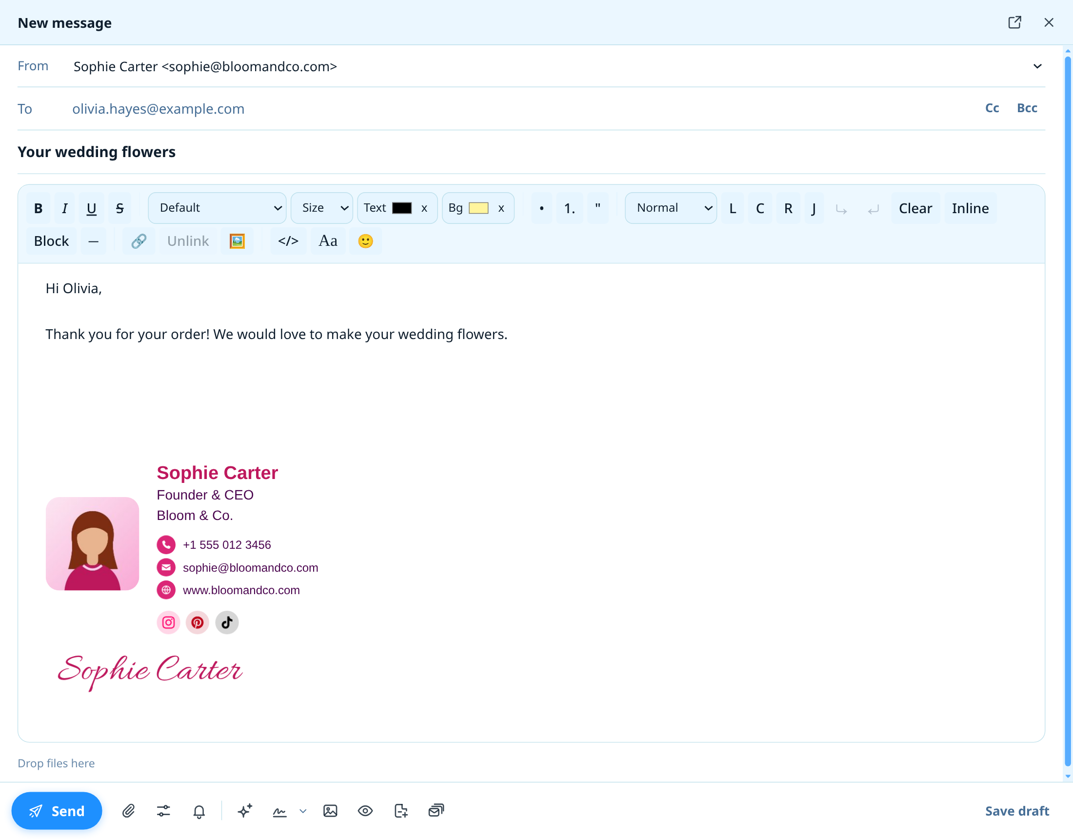 A new email in NotiSpark Mail on the computer with the signature added