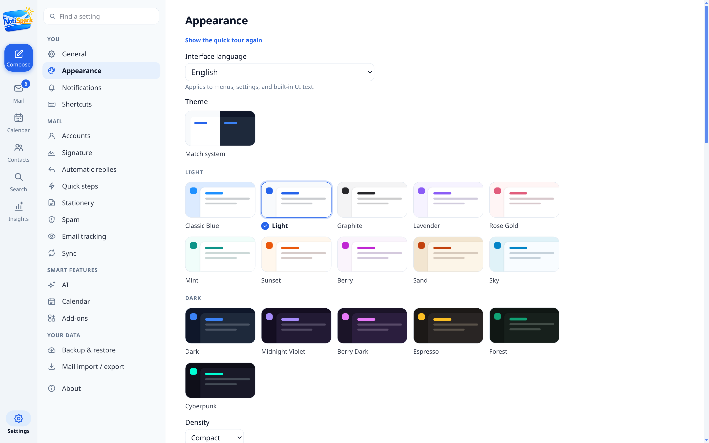 NotiSpark appearance settings with color theme tiles