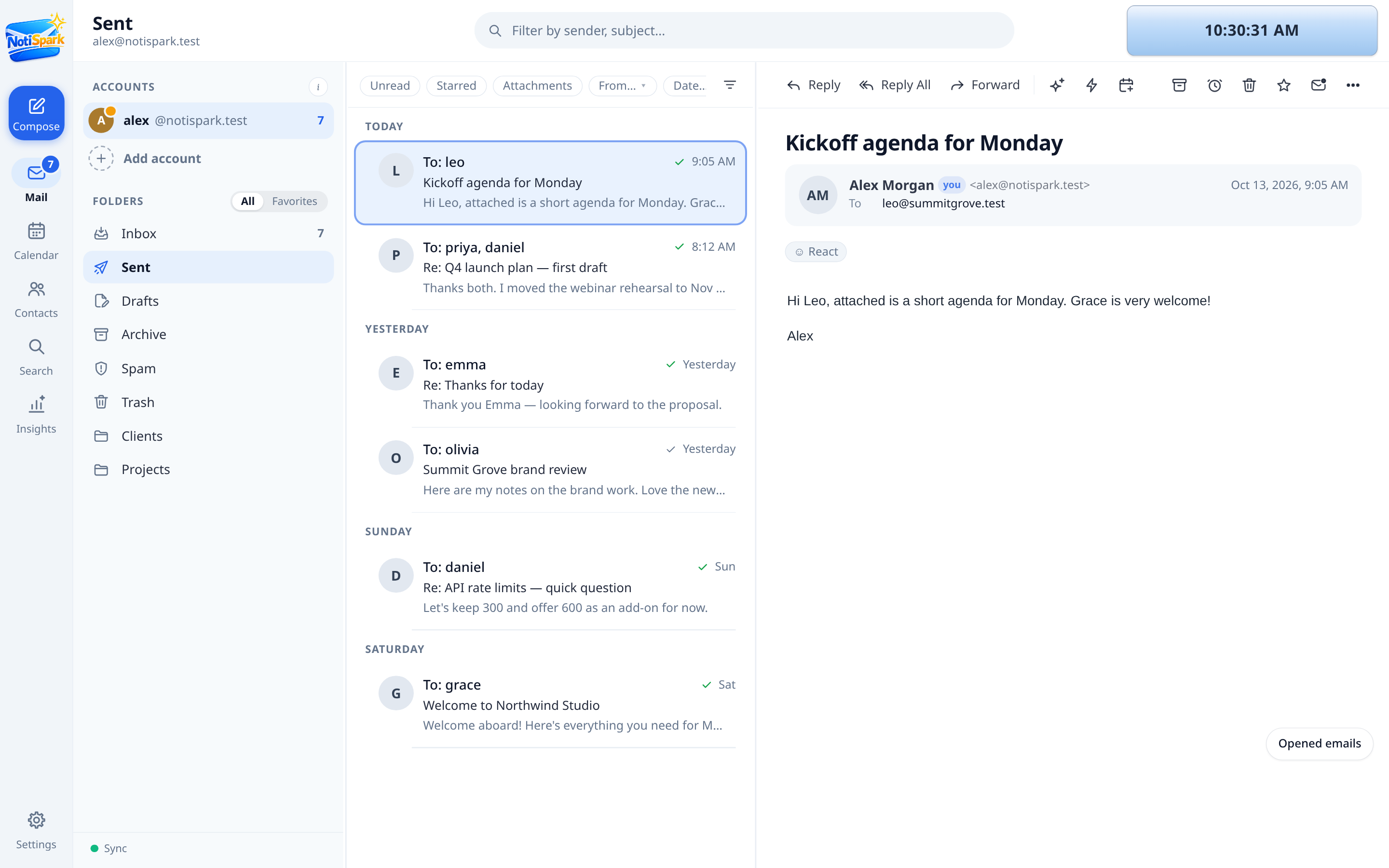 NotiSpark Sent folder showing which emails were opened